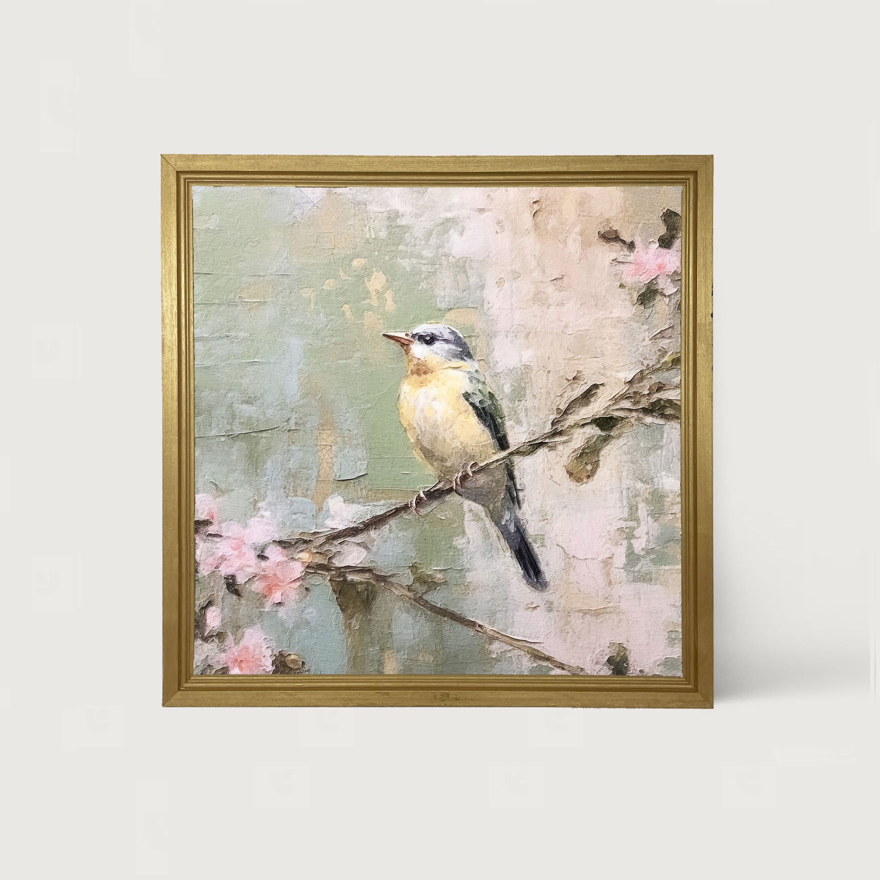 Bird sitting on cherry blossom branch - Framed art