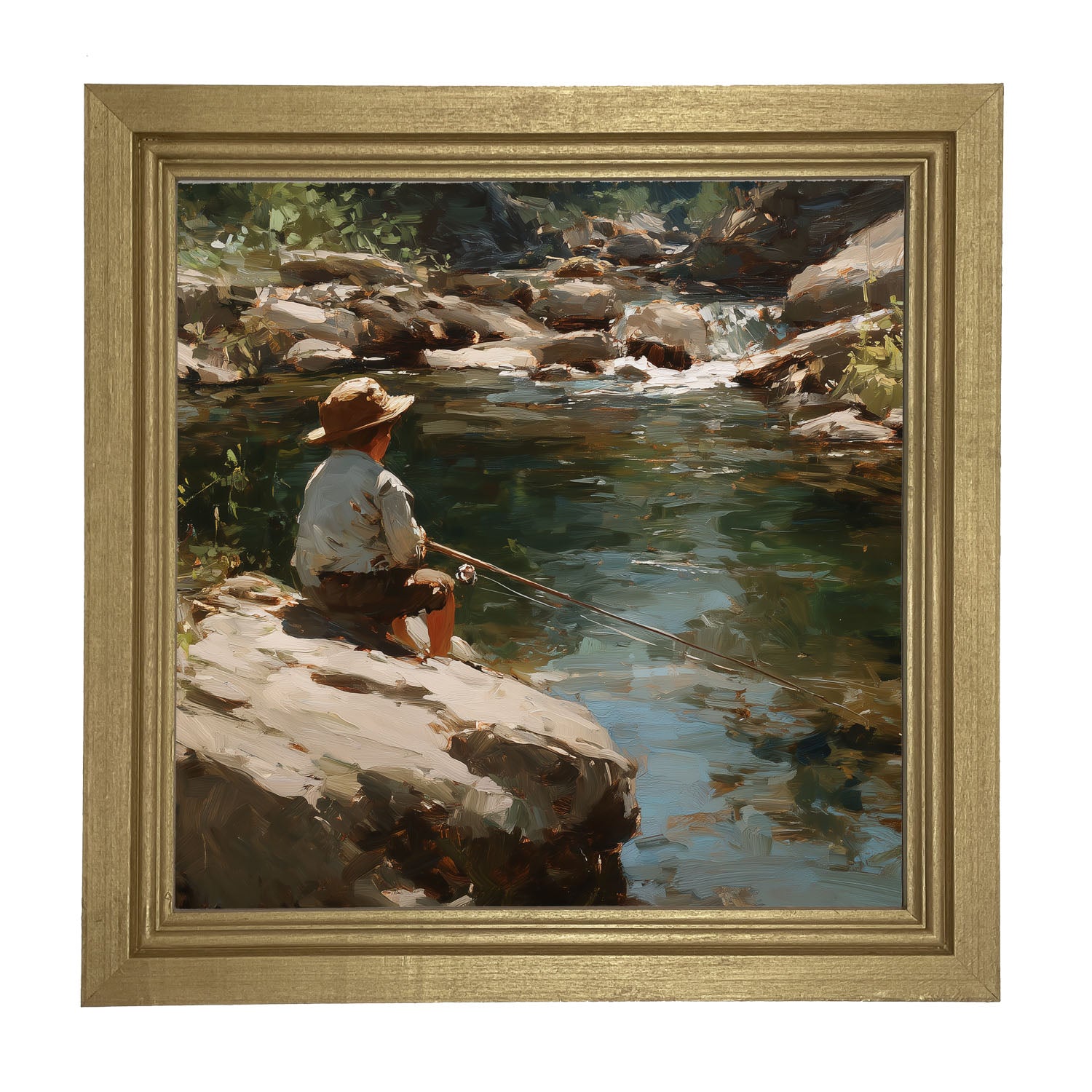 Fishing - Boy on River Rock - Framed Art