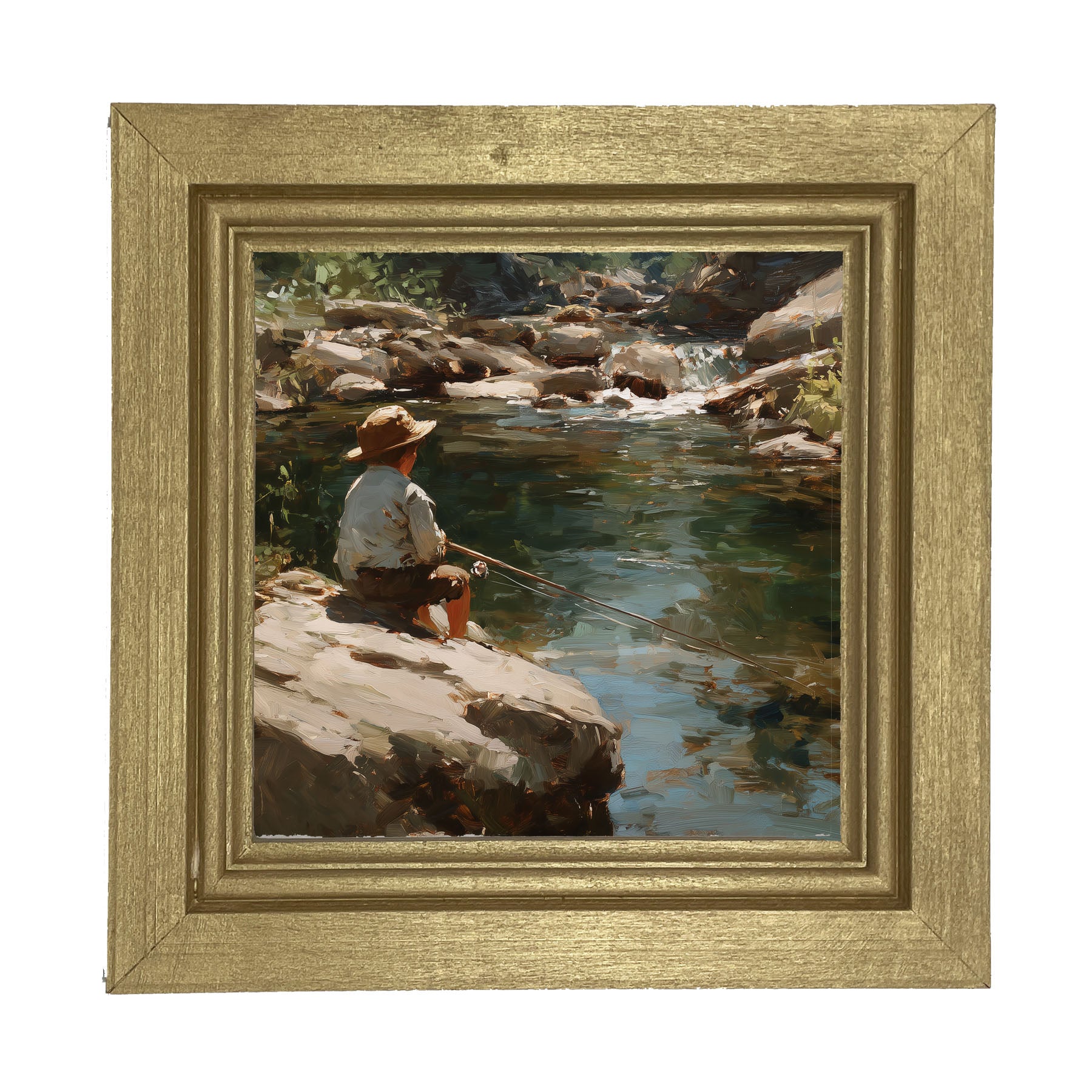 Fishing - Boy on River Rock - Framed Art