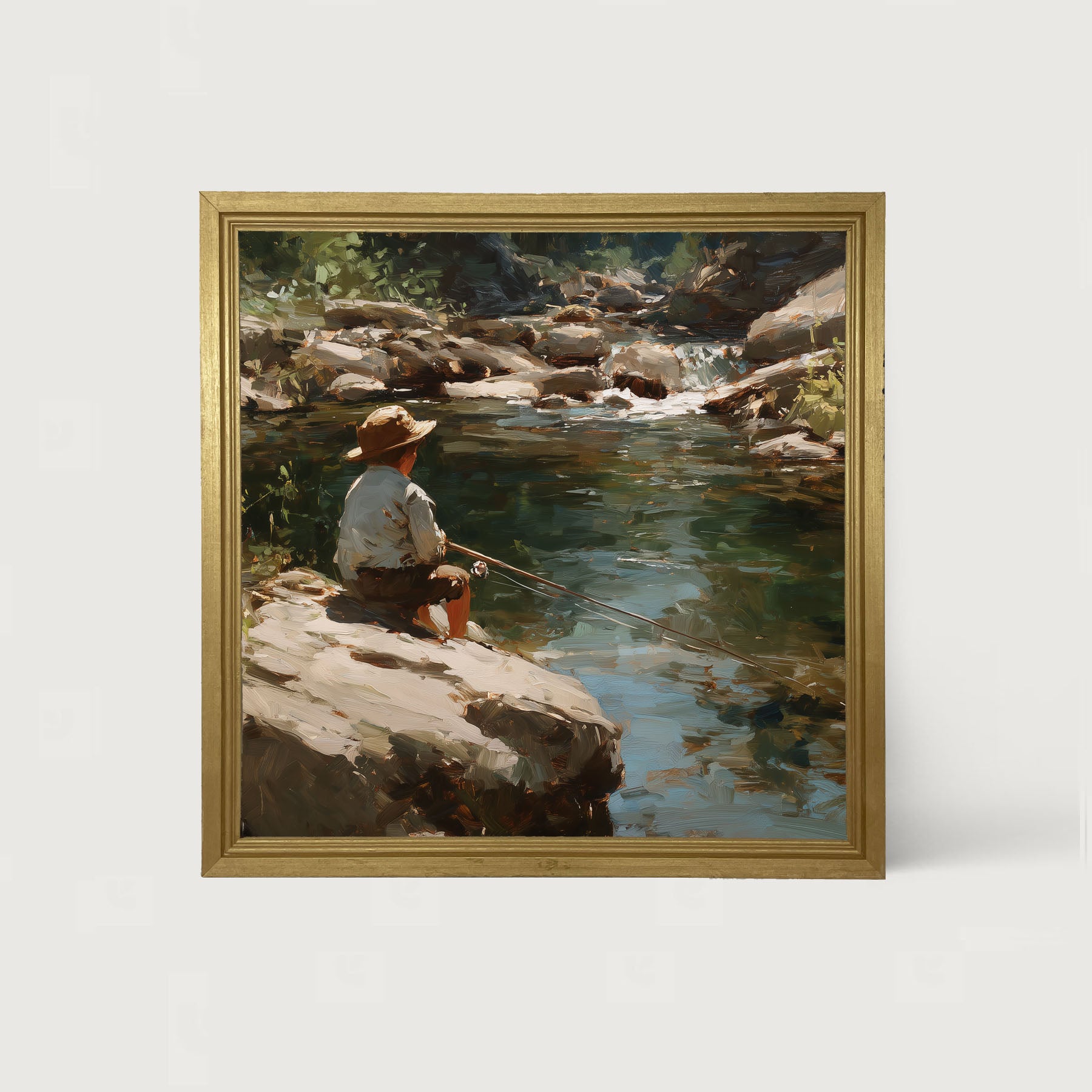 Fishing - Boy on River Rock - Framed Art