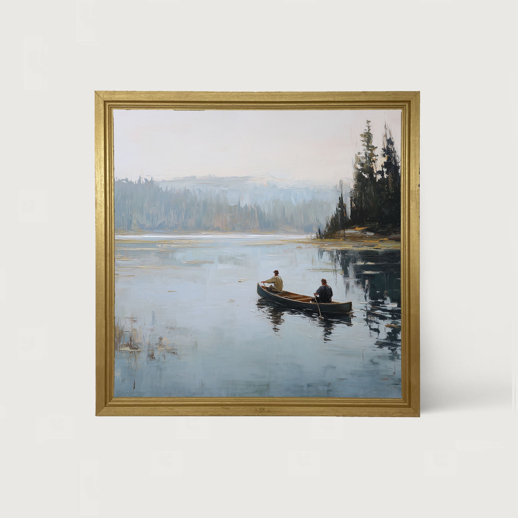 Fishing - Canoe on Lake - Framed Art