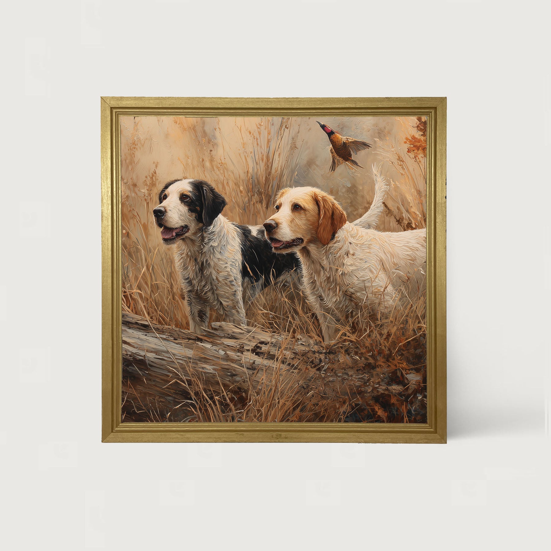 Hunting Season - Dogs near Log - Framed Art