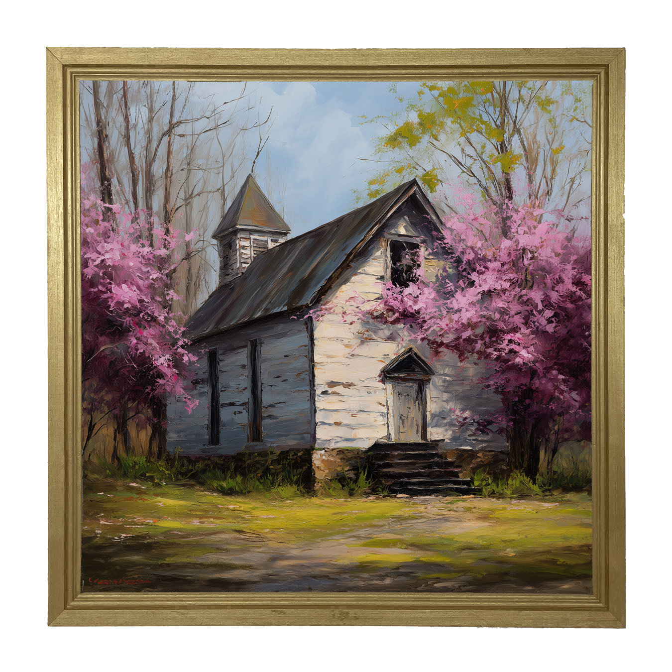Country Church with Purple Flowering Tree - Framed Art