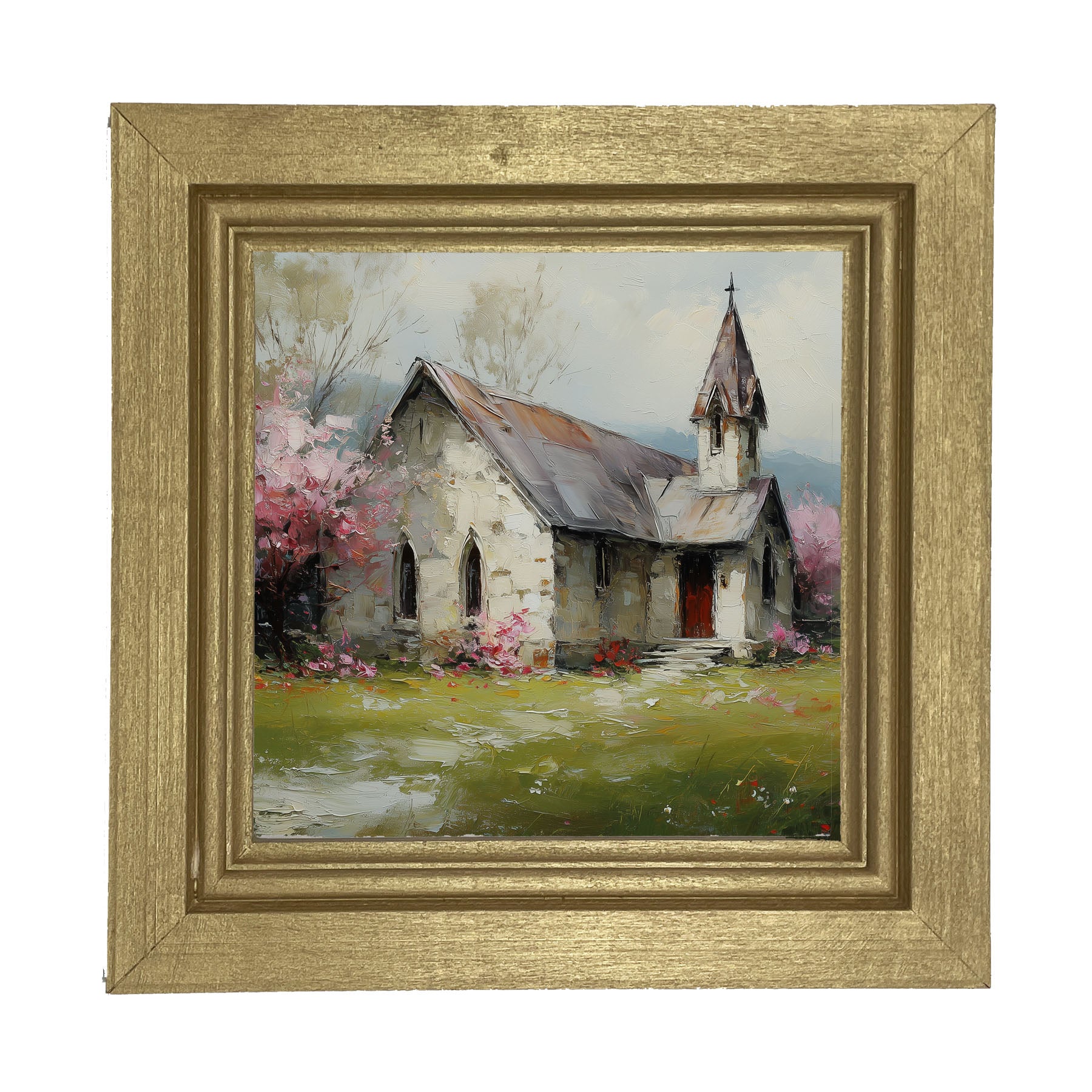 Country Church with Pink and Purple Flowering Trees - Framed Art