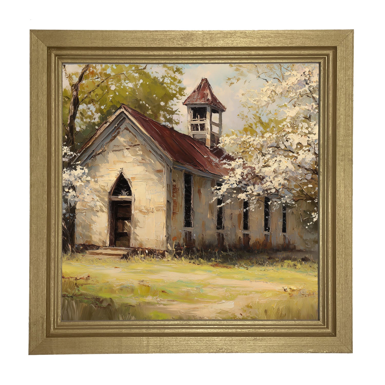 Country Church with White Flowering Trees - Framed Art