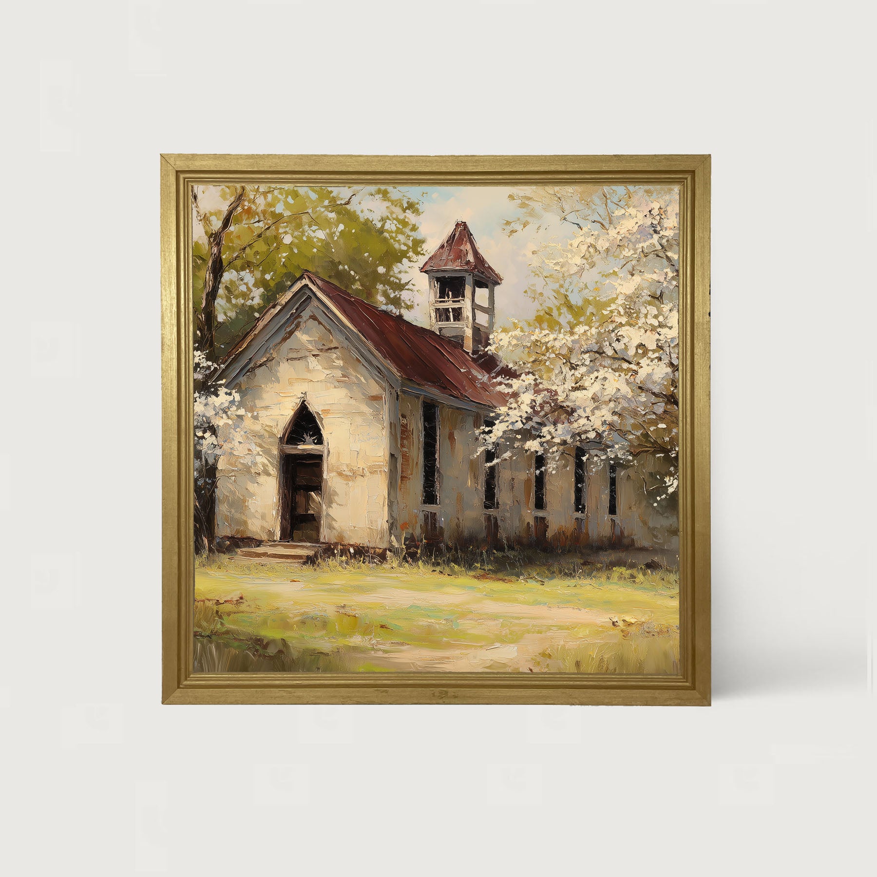 Country Church with White Flowering Trees