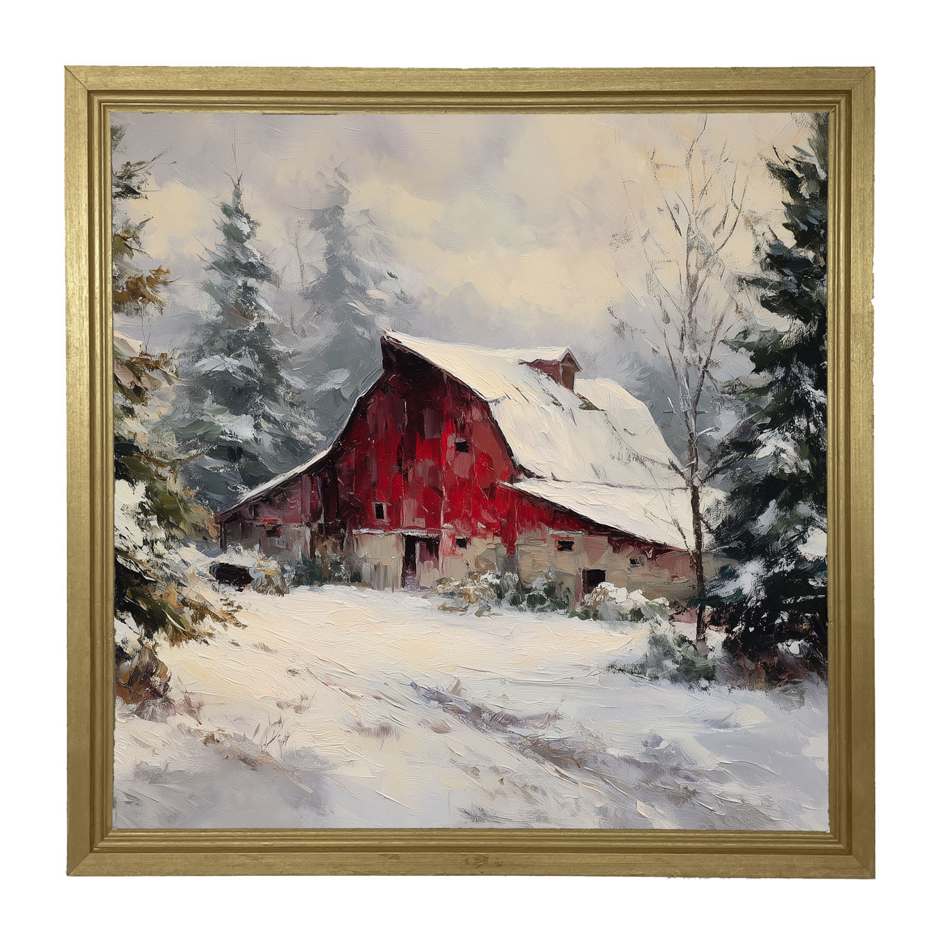 Red Country Barn in Winter - Framed Art