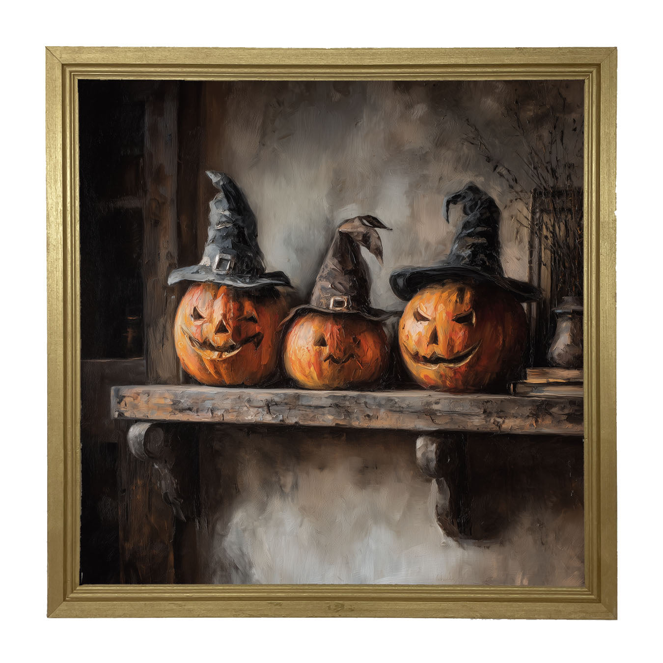 Trio of Jack-o-Lanterns in Witch Hats - Framed Art