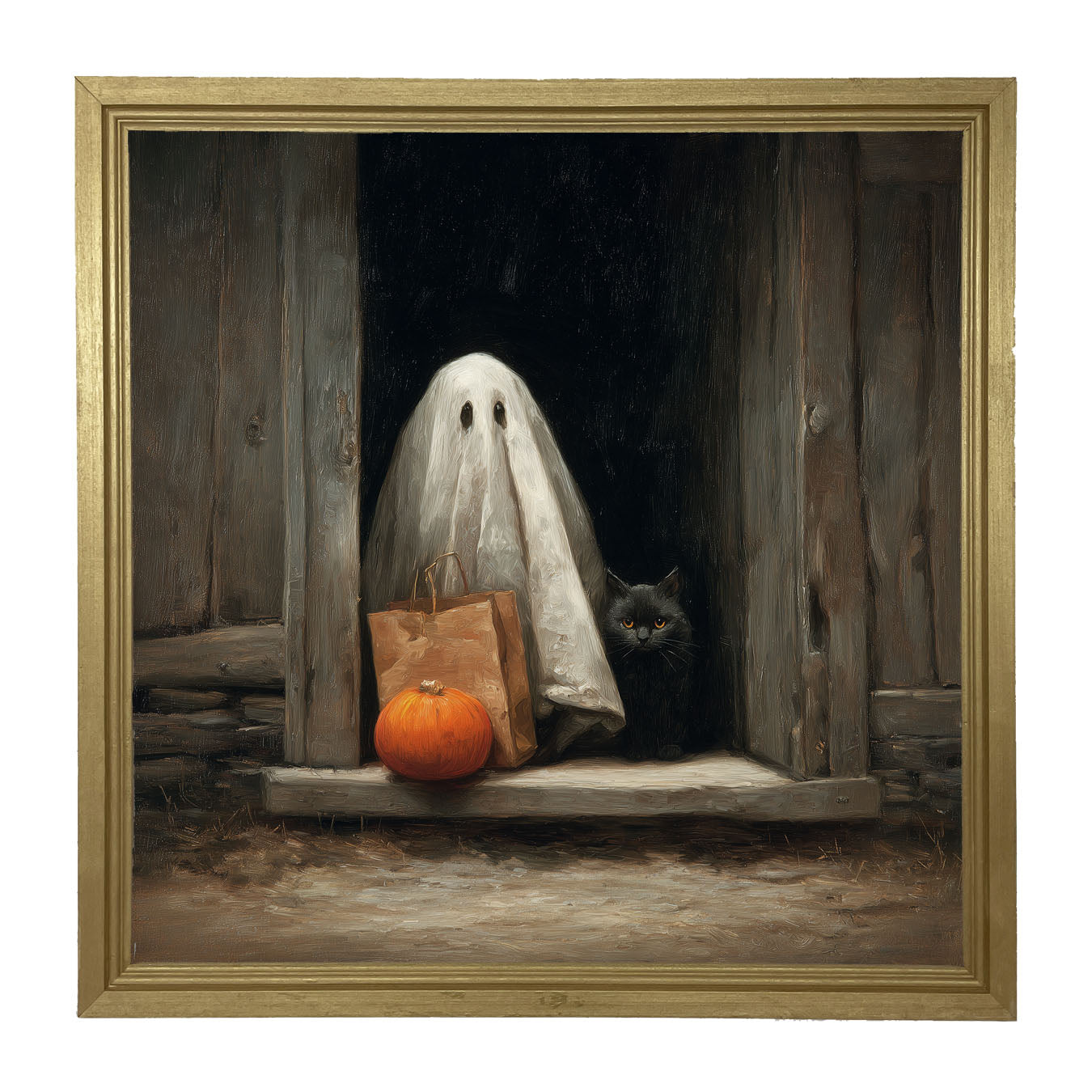 Ghost with Black Cat Trick or Treating - Framed Art
