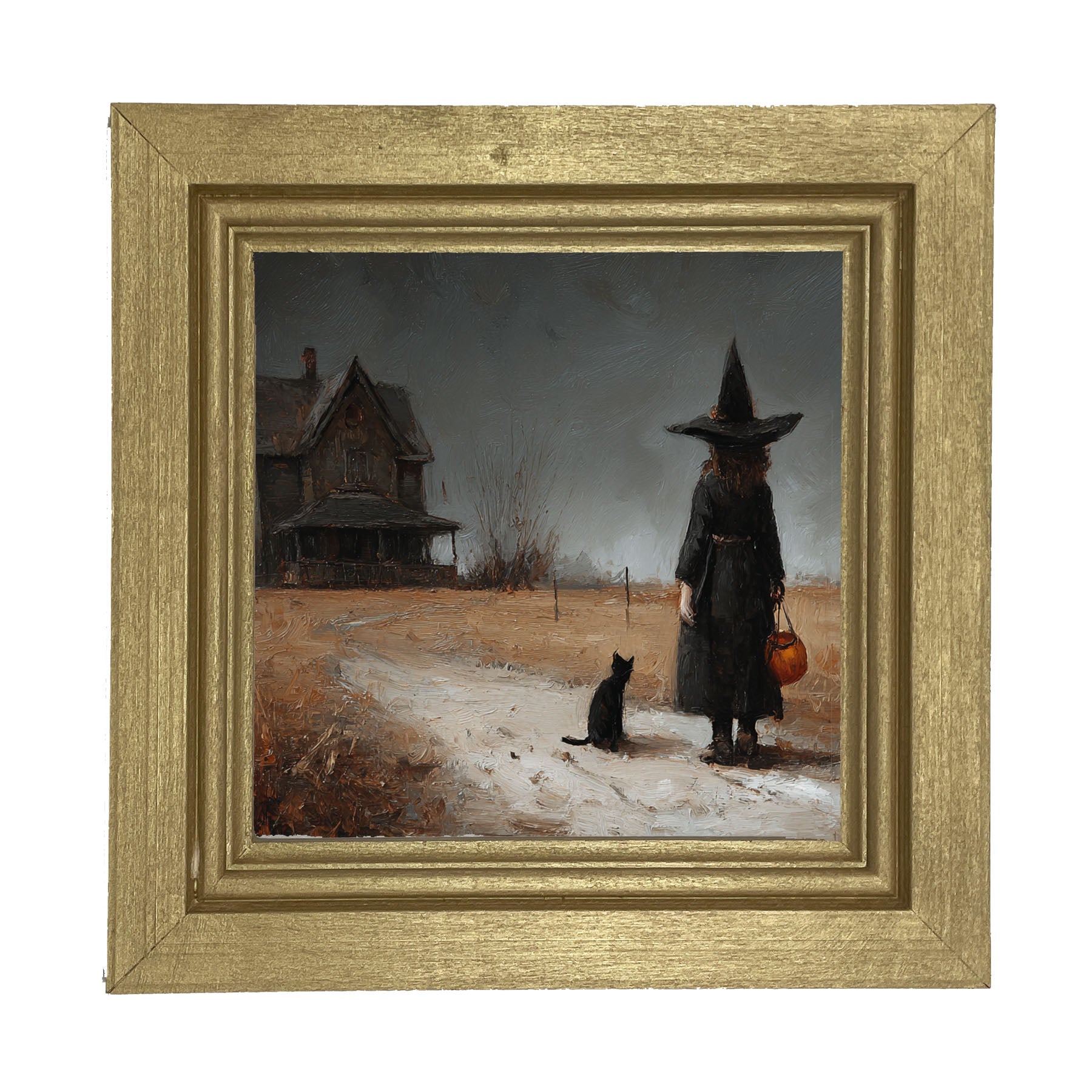 Witch with Black Cat Trick or Treating - Square - Framed Art