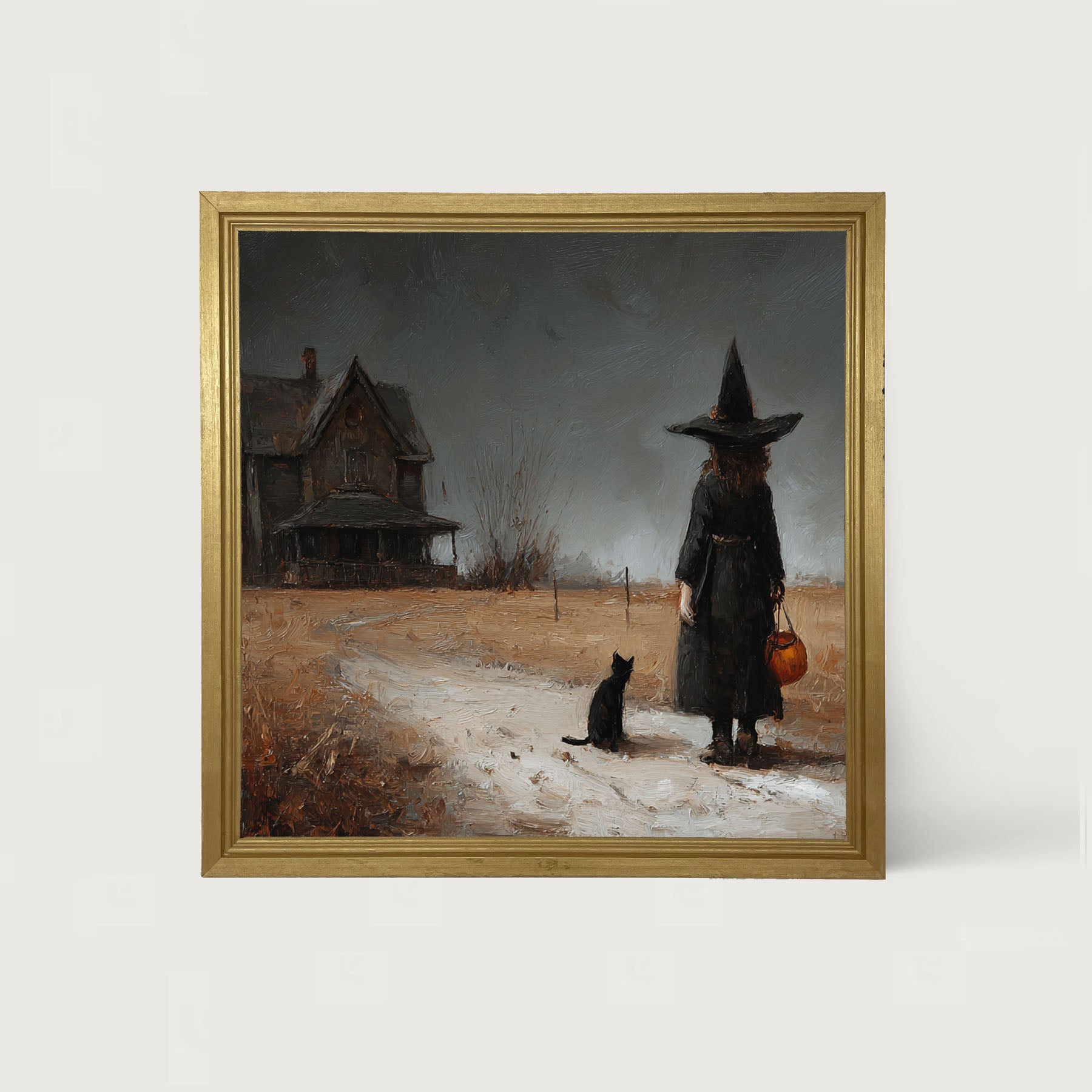 Witch with Black Cat Trick or Treating - Square - Framed Art