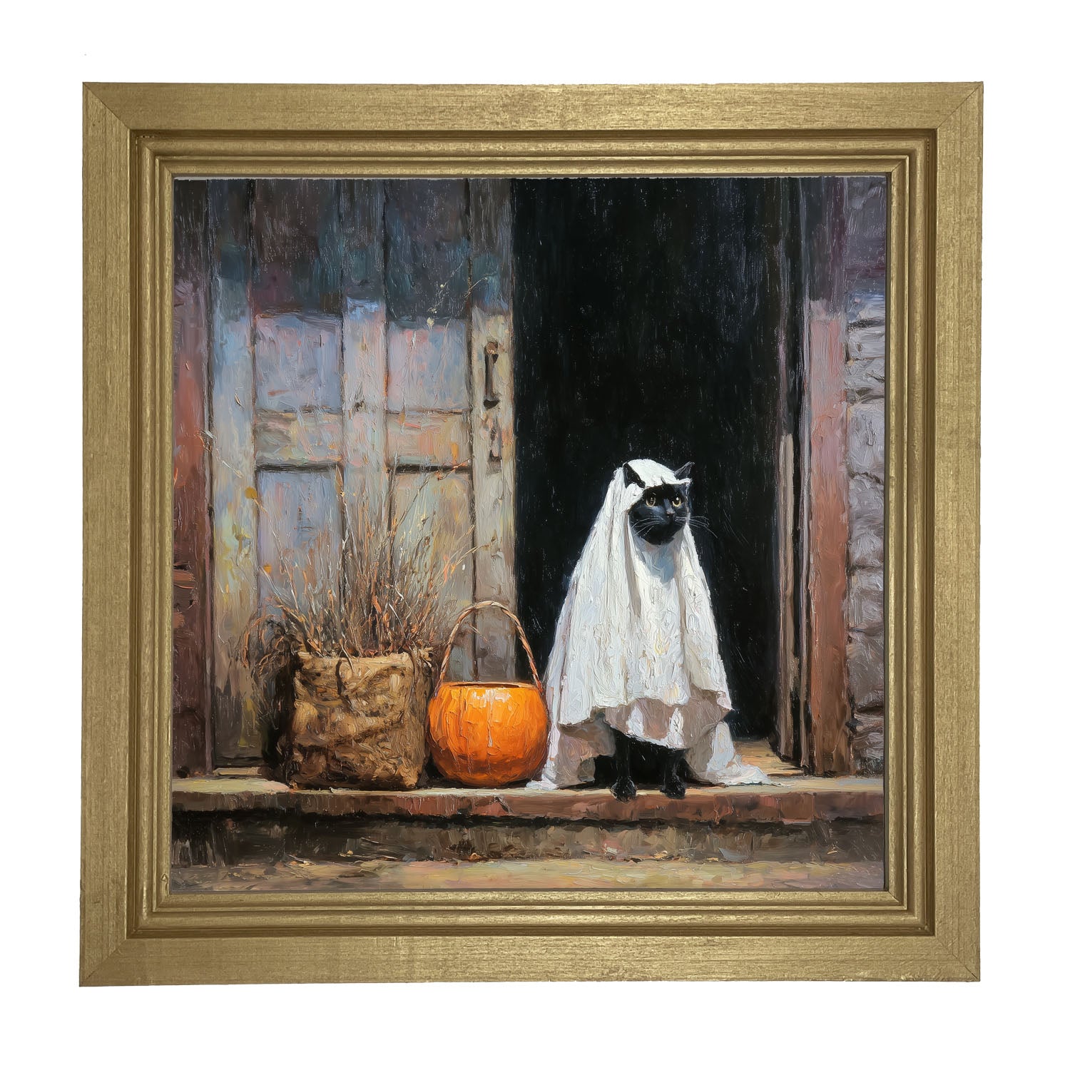 Trick or Treating Pets - Cat at the Door - Framed Art