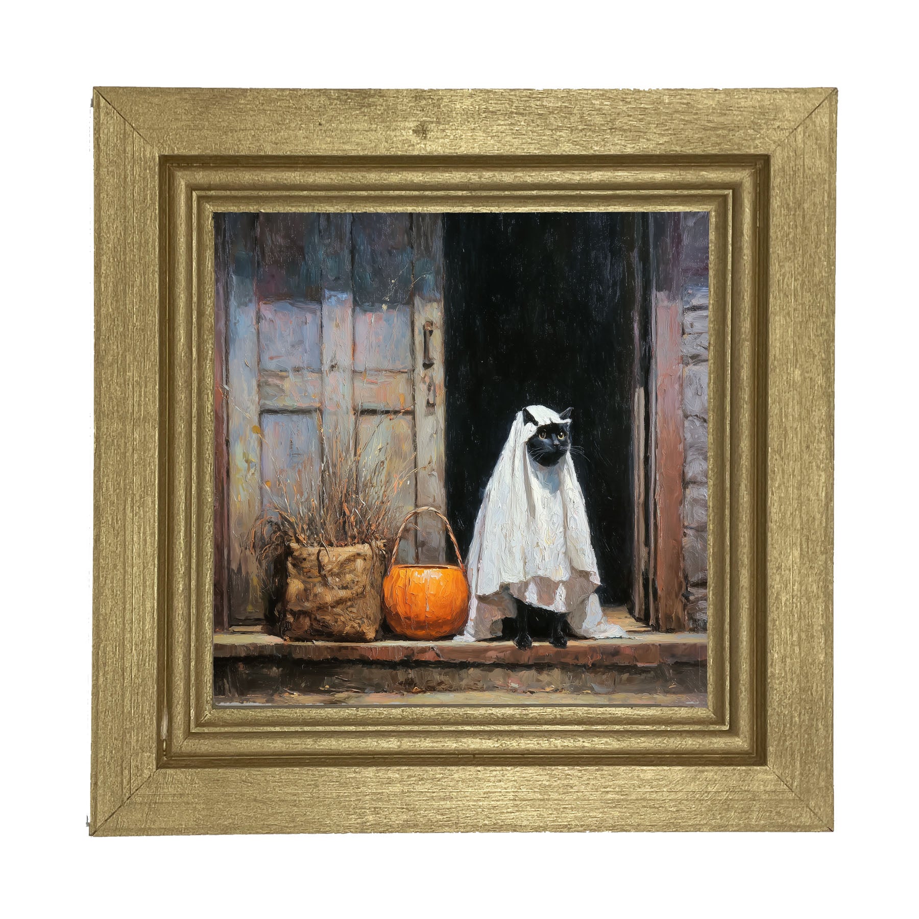 Trick or Treating Pets - Cat at the Door - Framed Art