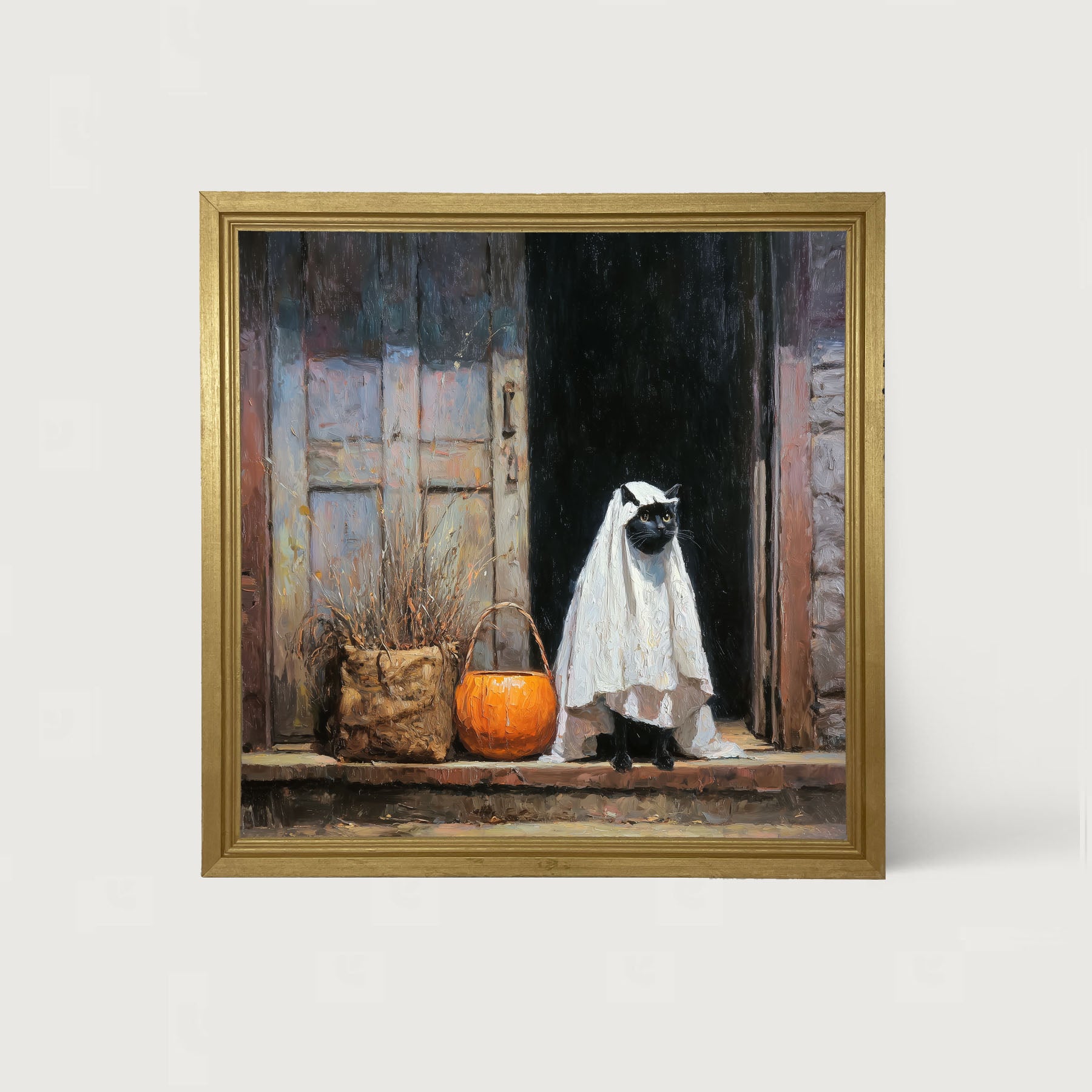 Trick or Treating Pets - Cat at the Door - Framed Art