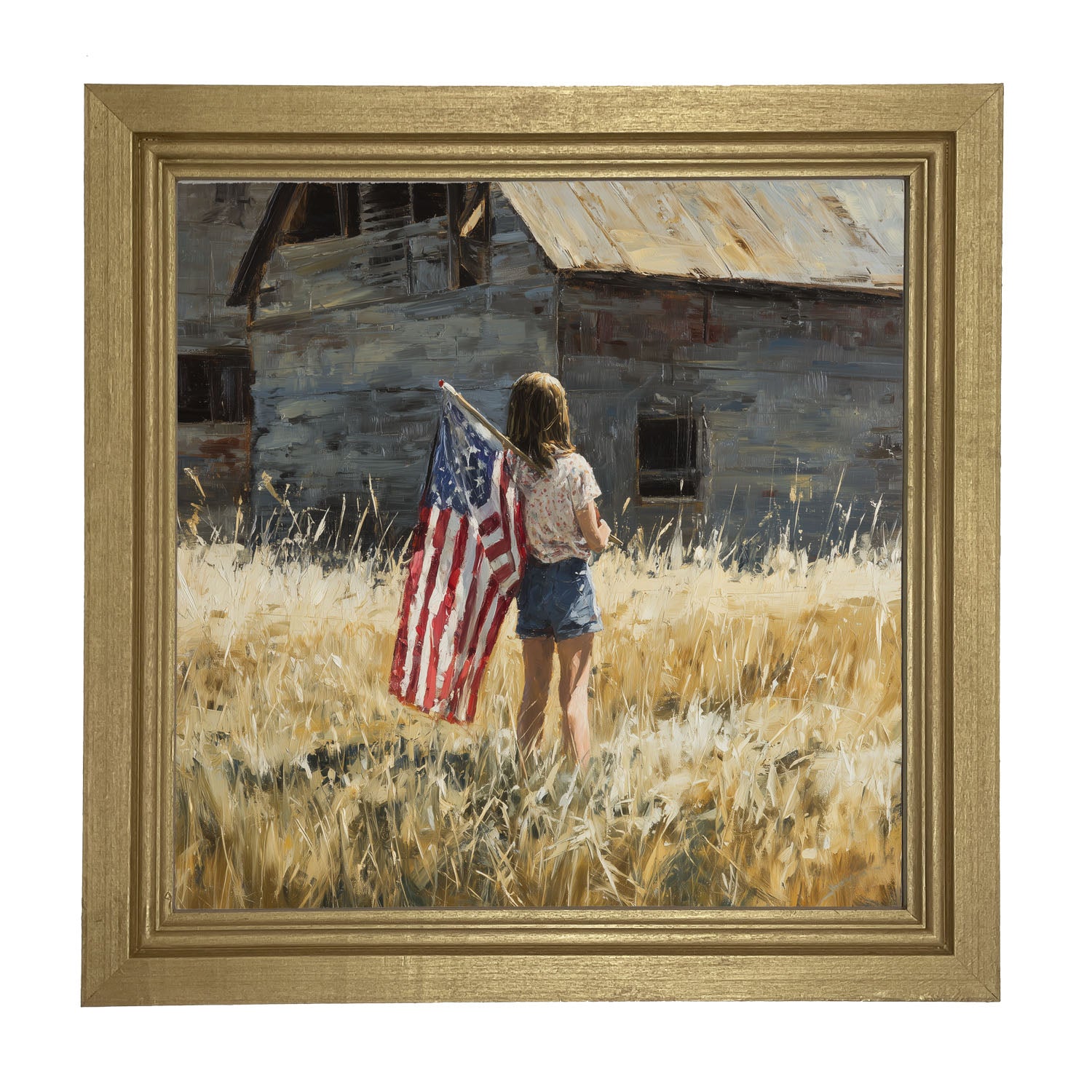 Child With Flag - Girl at Barn - Framed Art