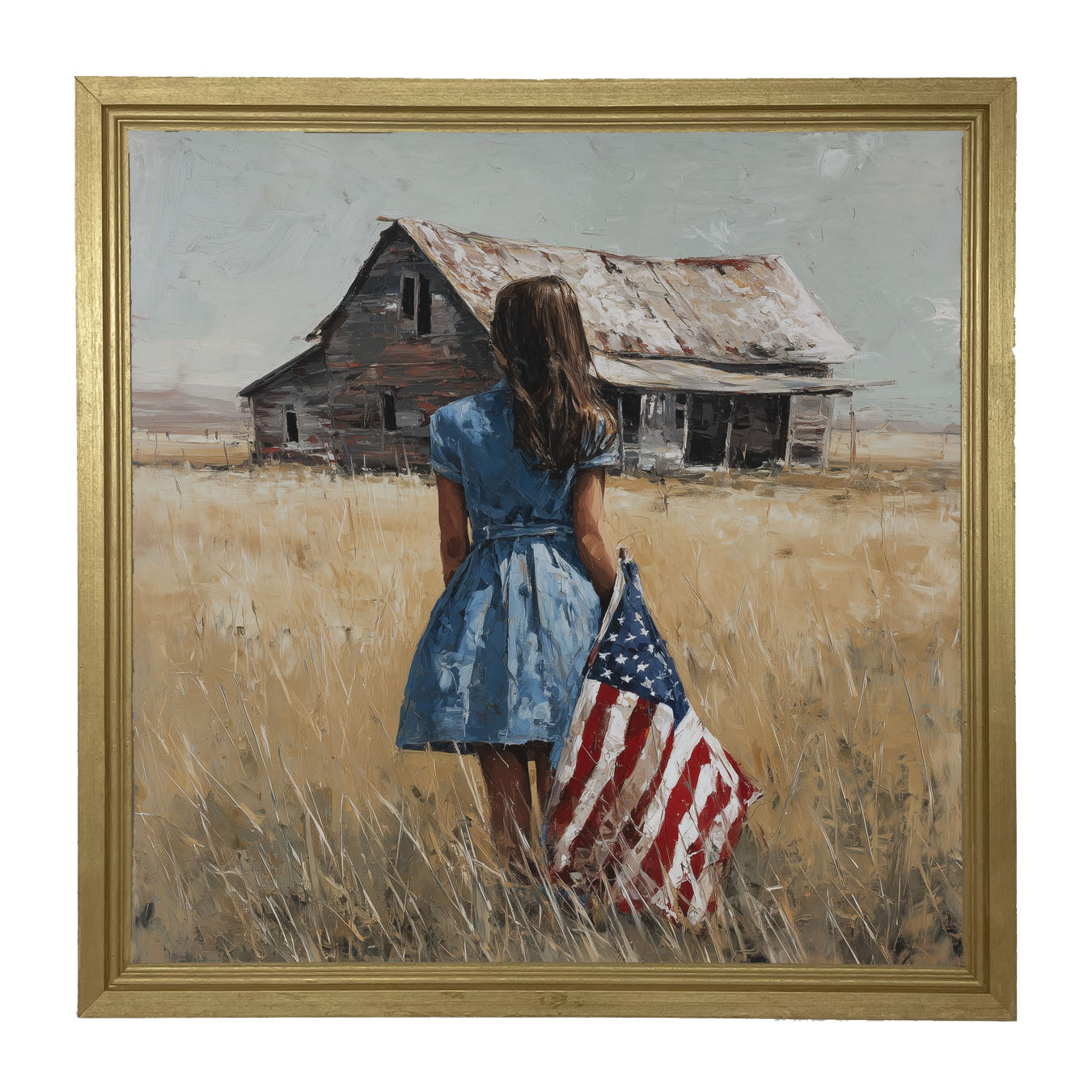 Child With Flag - Girl in Blue Dress - Framed Art