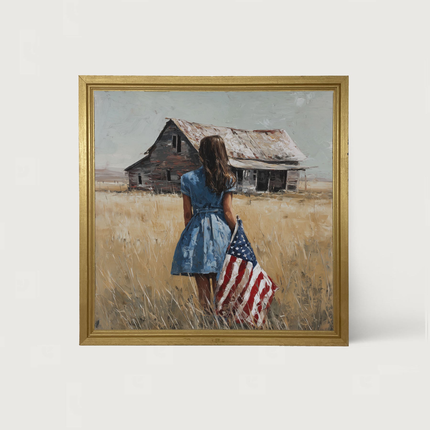 Child With Flag - Girl in Blue Dress