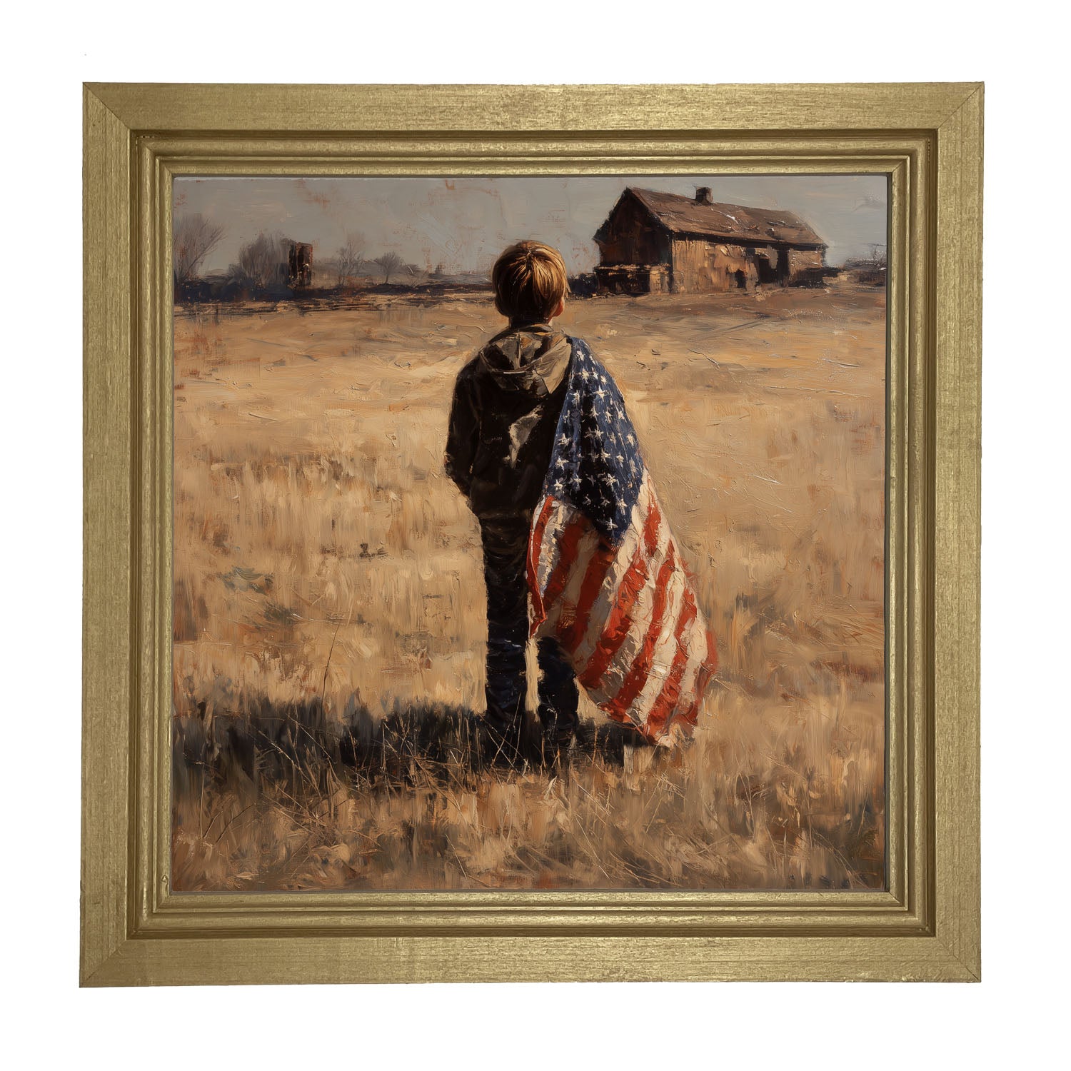 Child With Flag - Boy at Farm - Framed Art