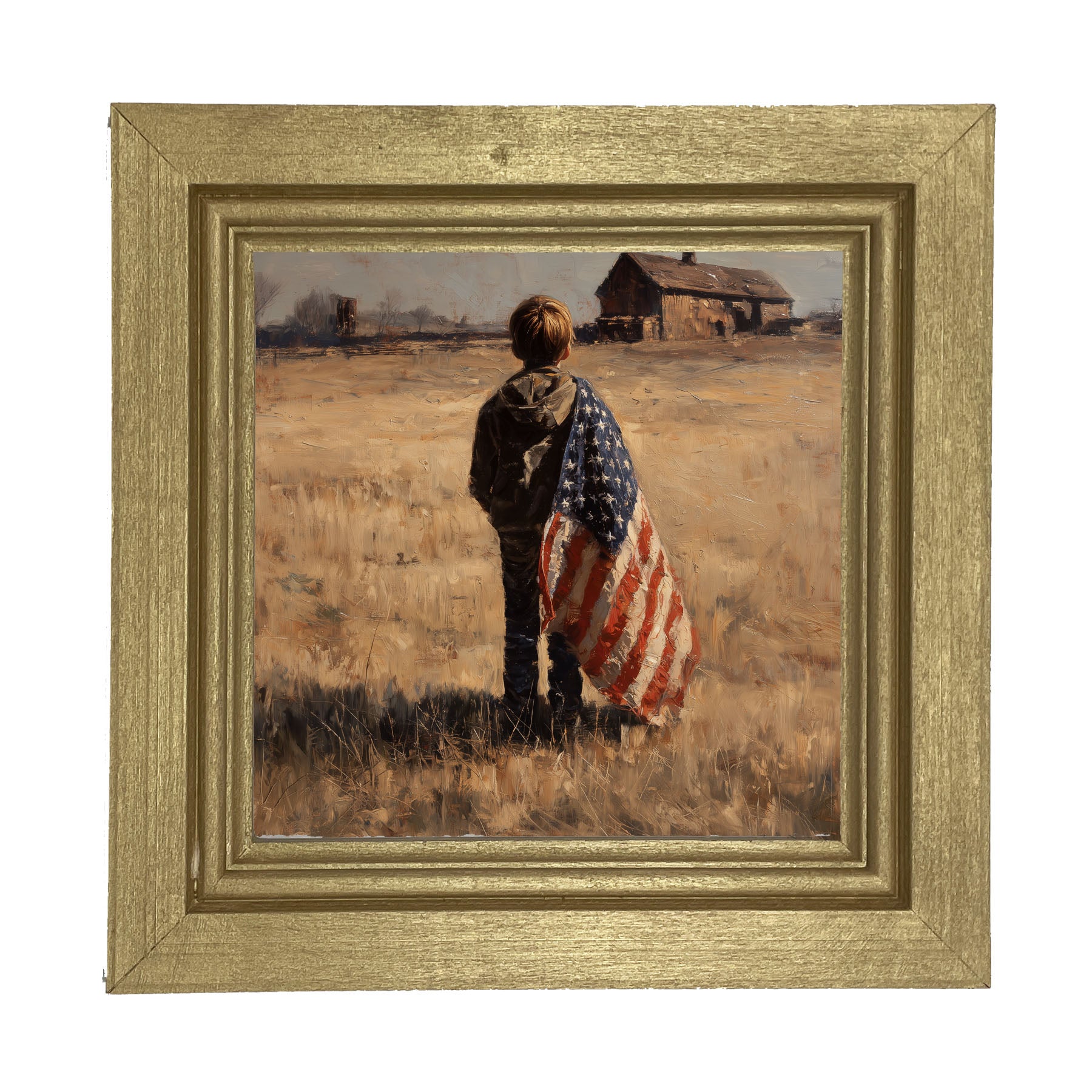Child With Flag - Boy at Farm - Framed Art