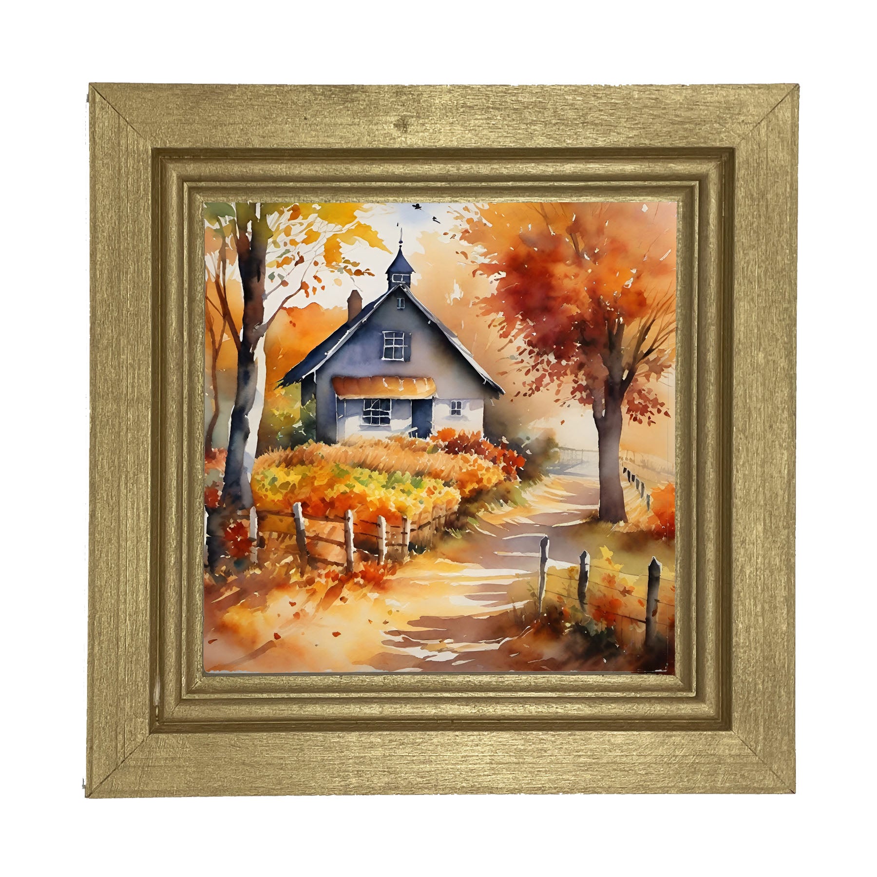 Autumn house on path - Framed Art