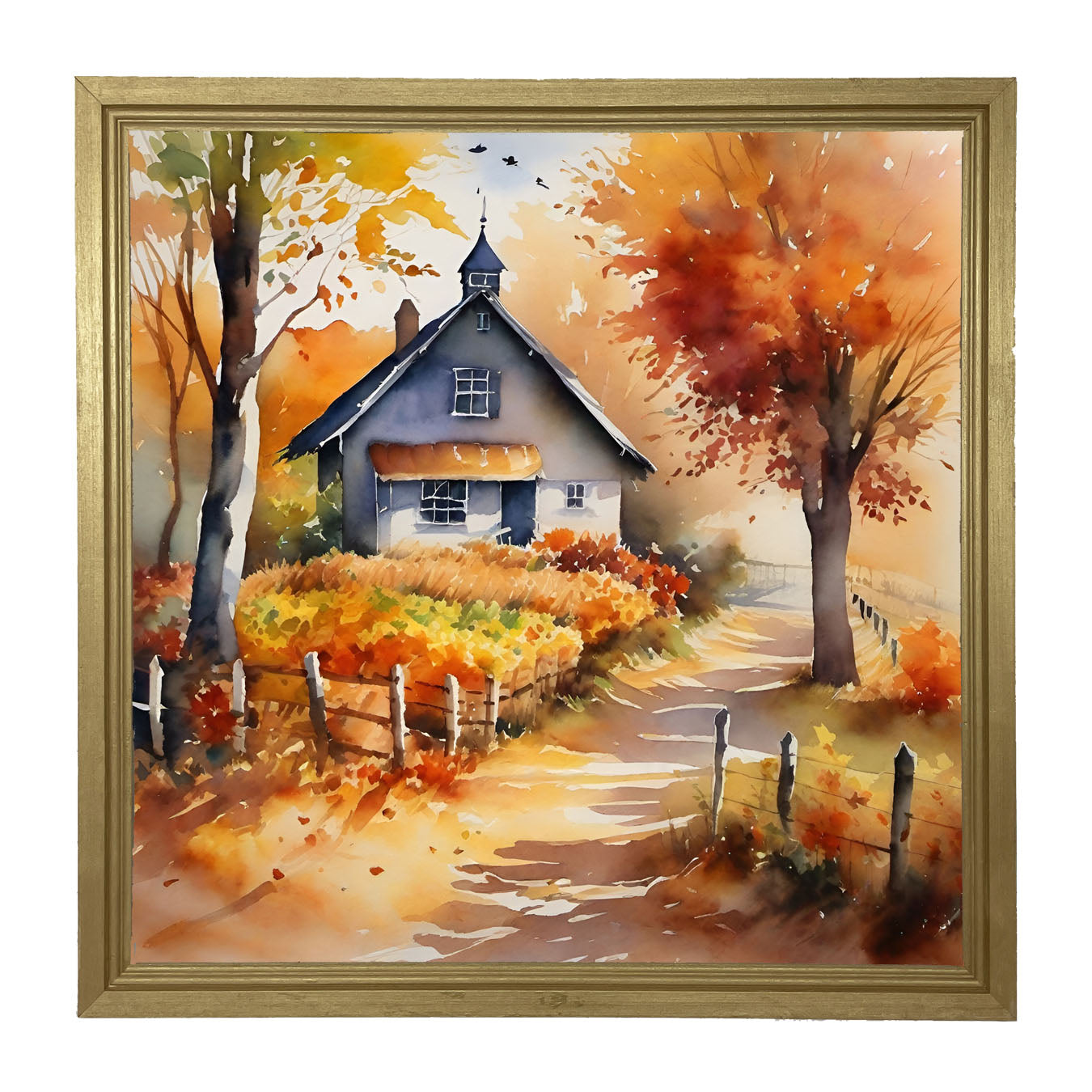 Autumn house on path - Framed Art