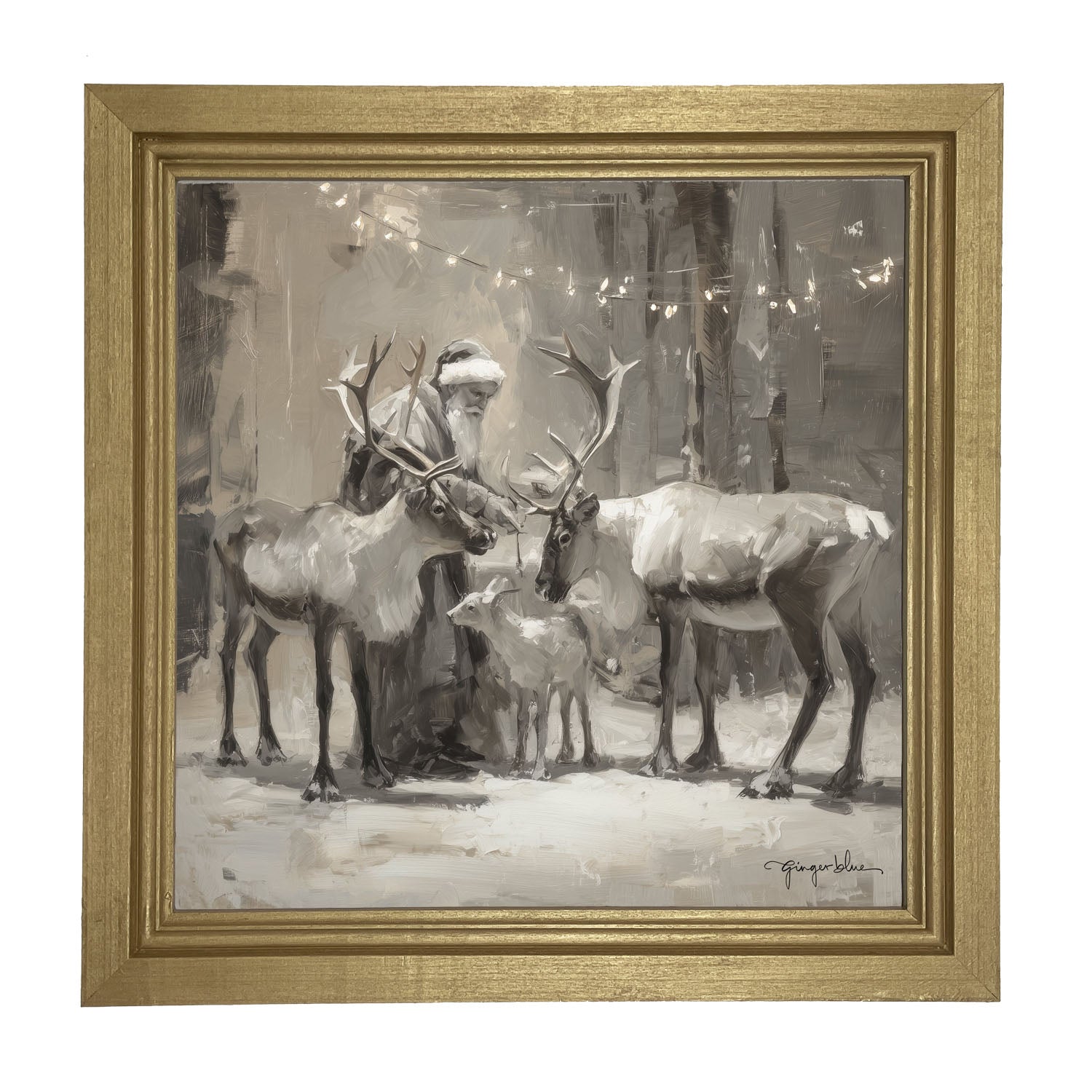 Santa and Reindeers under Christmas Lights - Framed Art