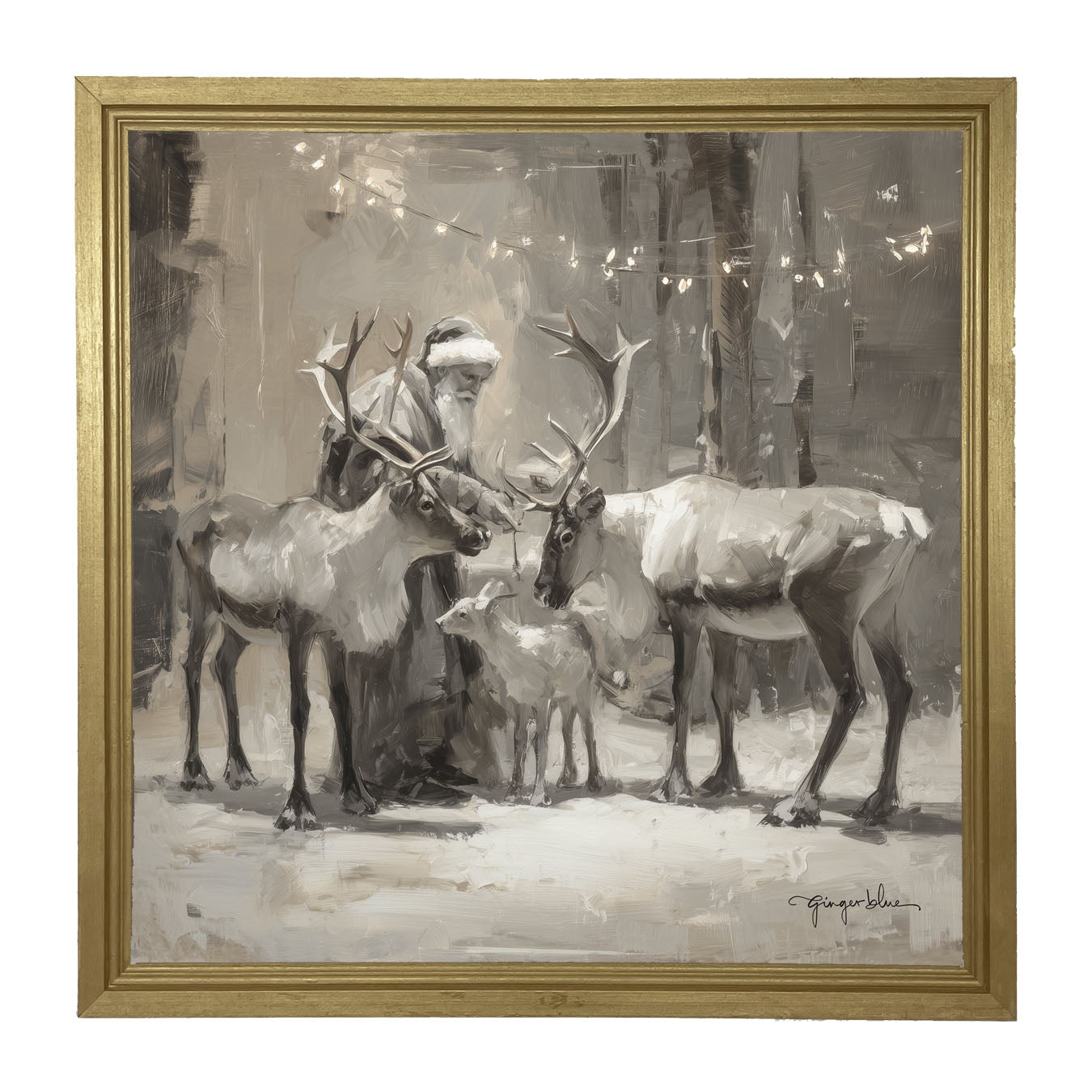 Santa and Reindeers under Christmas Lights - Framed Art