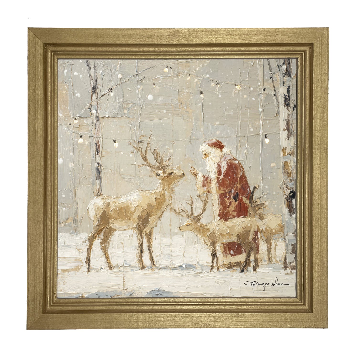 Santa Visiting Reindeer under Lights - Framed Art