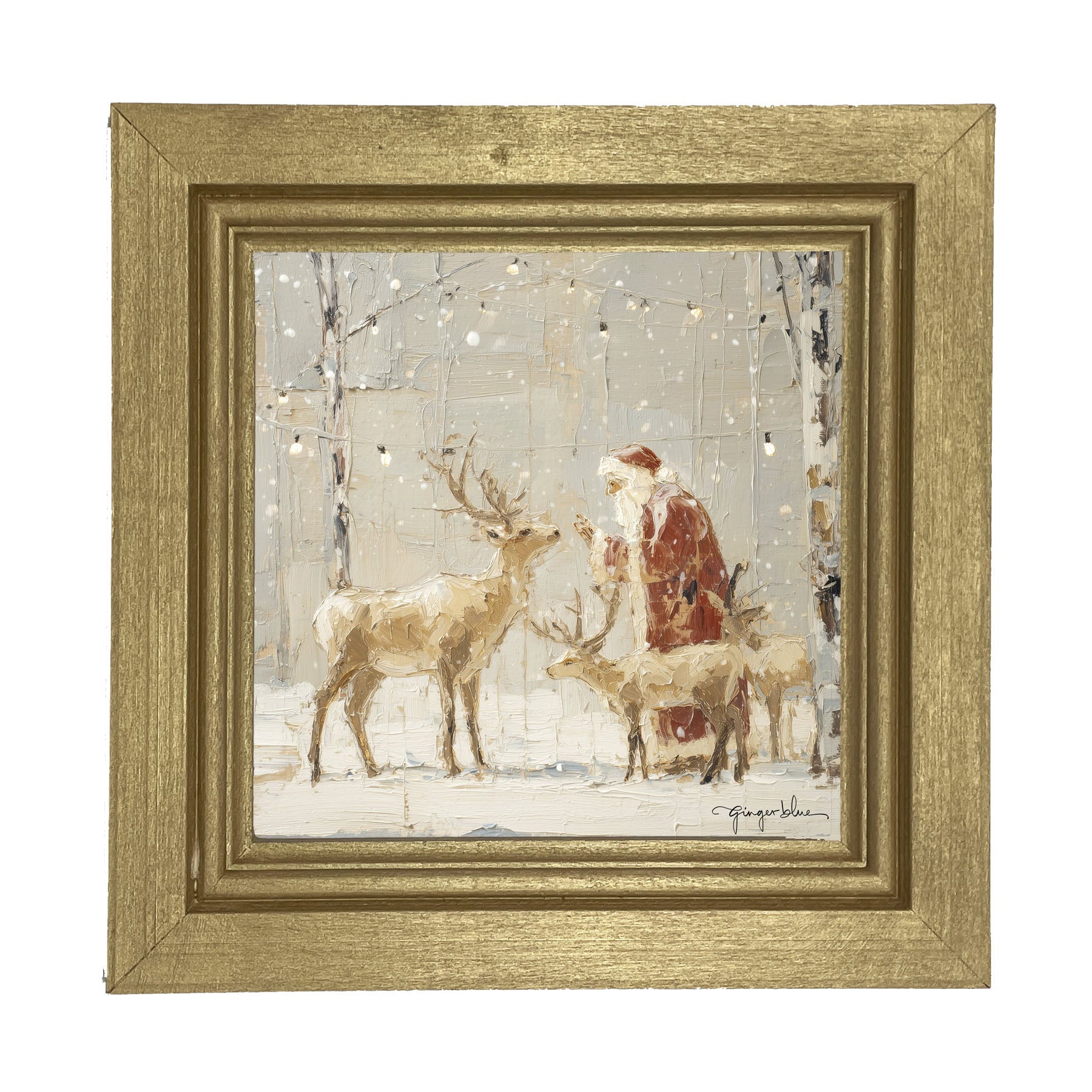 Santa Visiting Reindeer under Lights - Framed Art