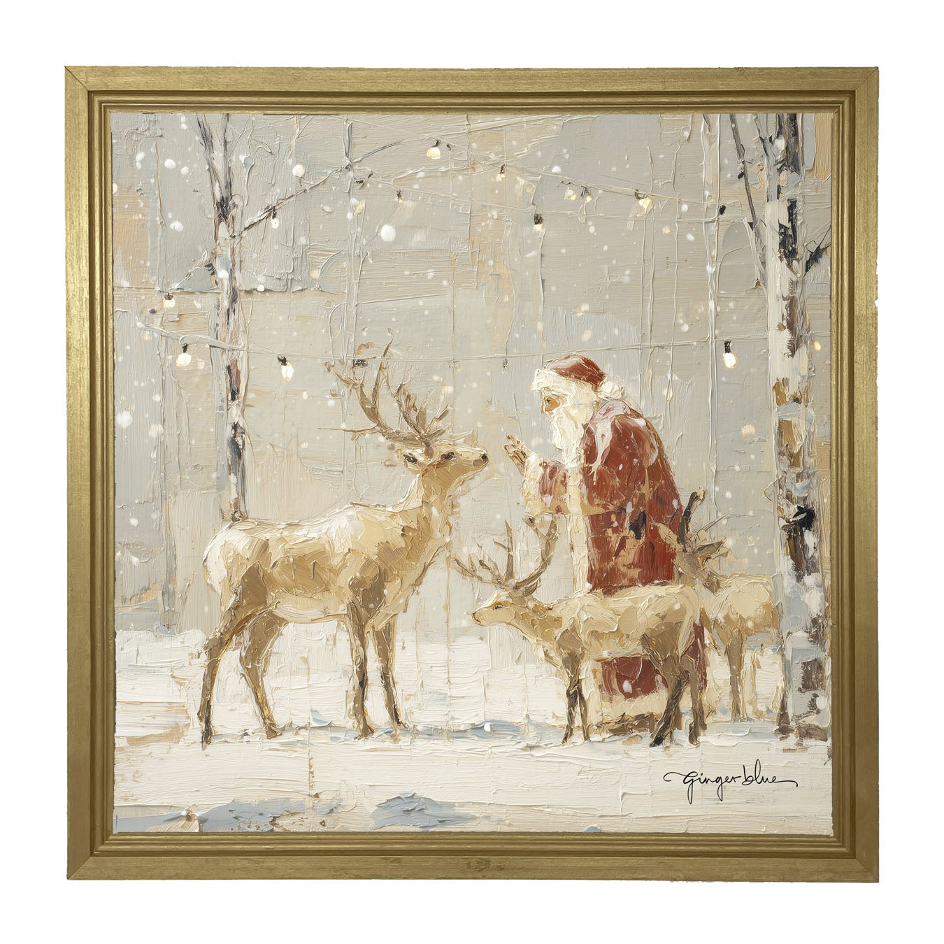 Santa Visiting Reindeer under Lights - Framed Art