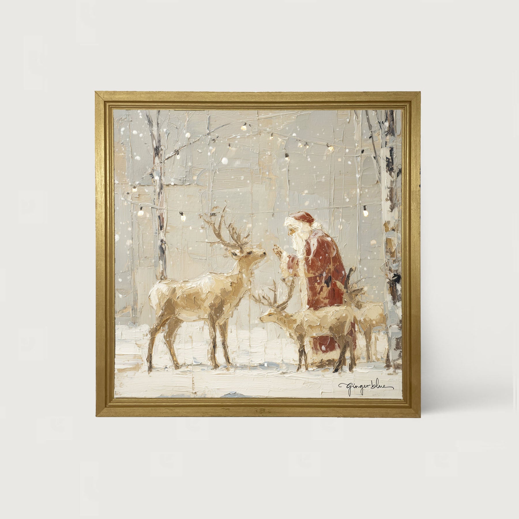 Santa Visiting Reindeer under Lights - Framed Art