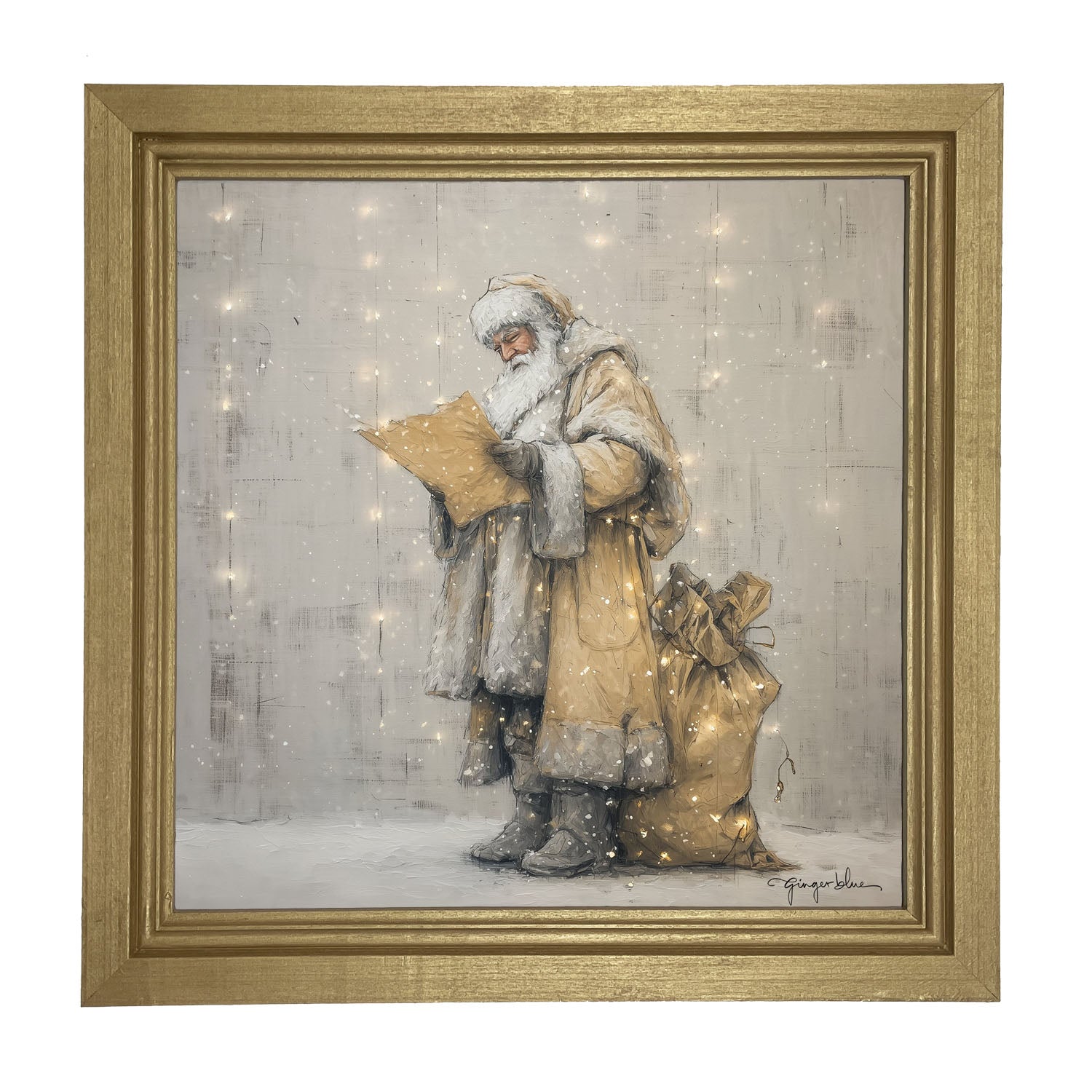 Santa Checking his List under Christmas Lights - Framed Art