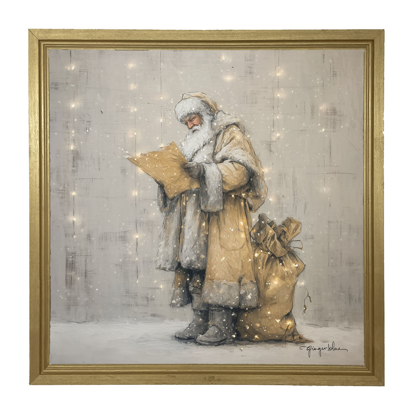 Santa Checking his List under Christmas Lights - Framed Art