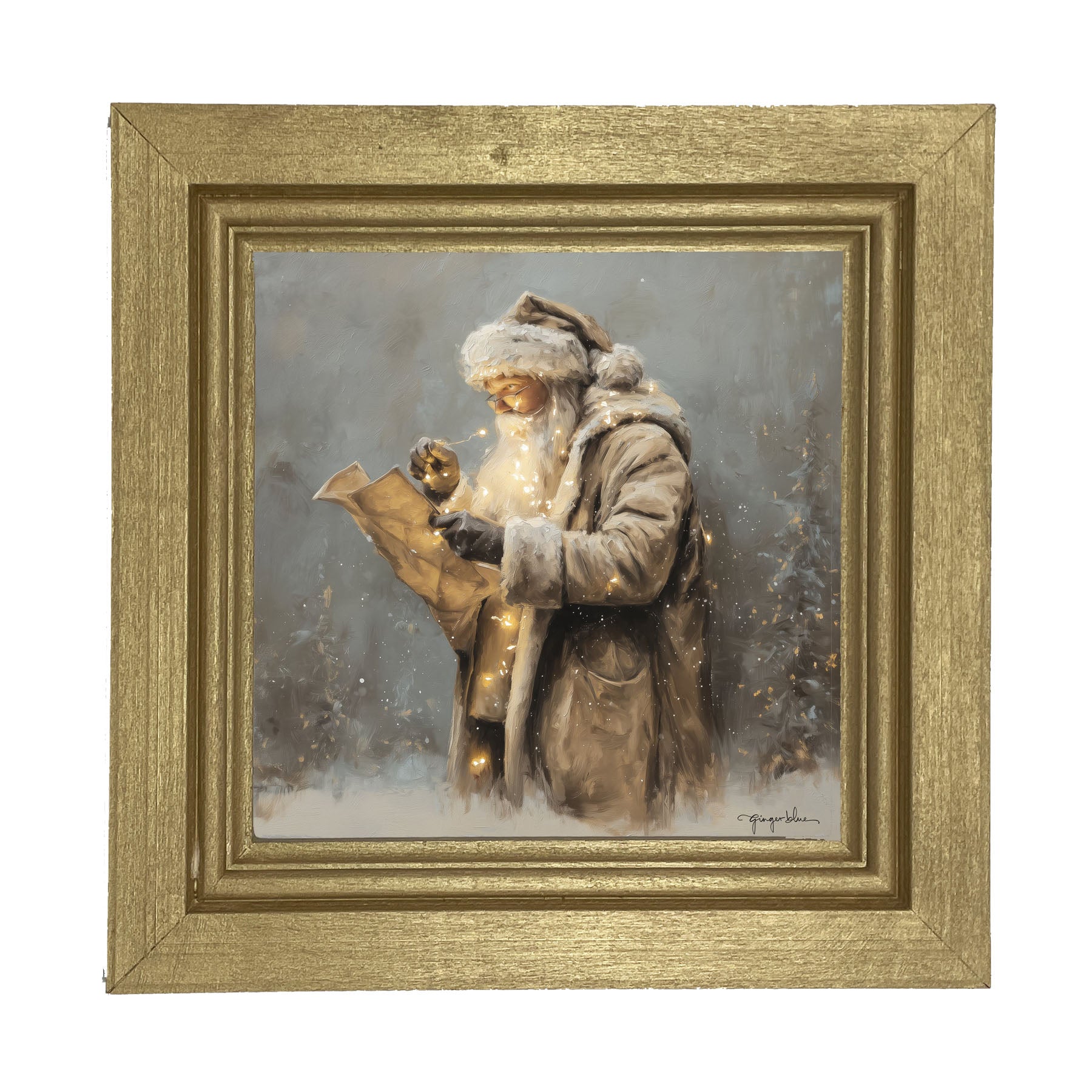 Santa Reading his list with Christmas Lights - Framed Art