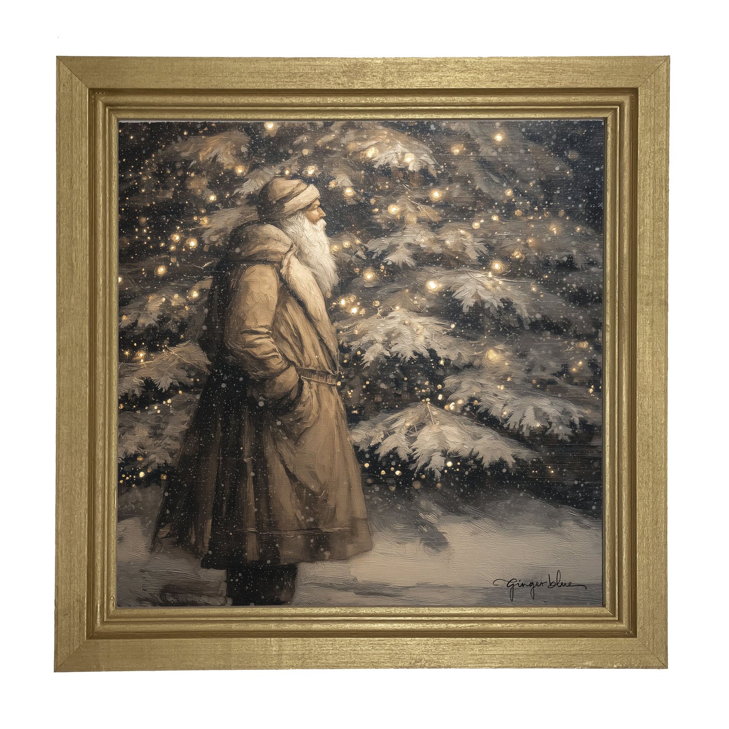 Santa near Lit Christmas Tree - Framed Art