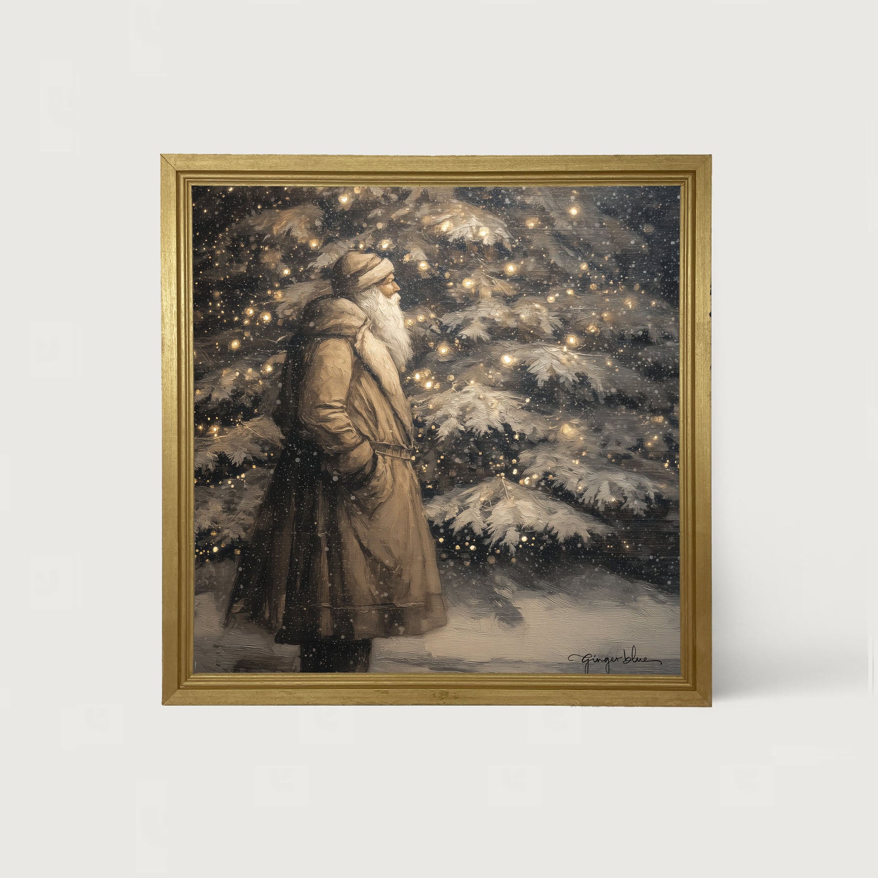 Santa near Lit Christmas Tree - Framed Art