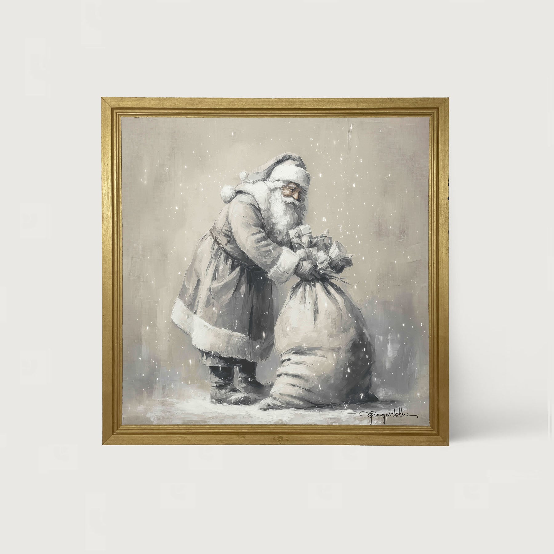 Santa Tying Bag of Presents - Framed Art