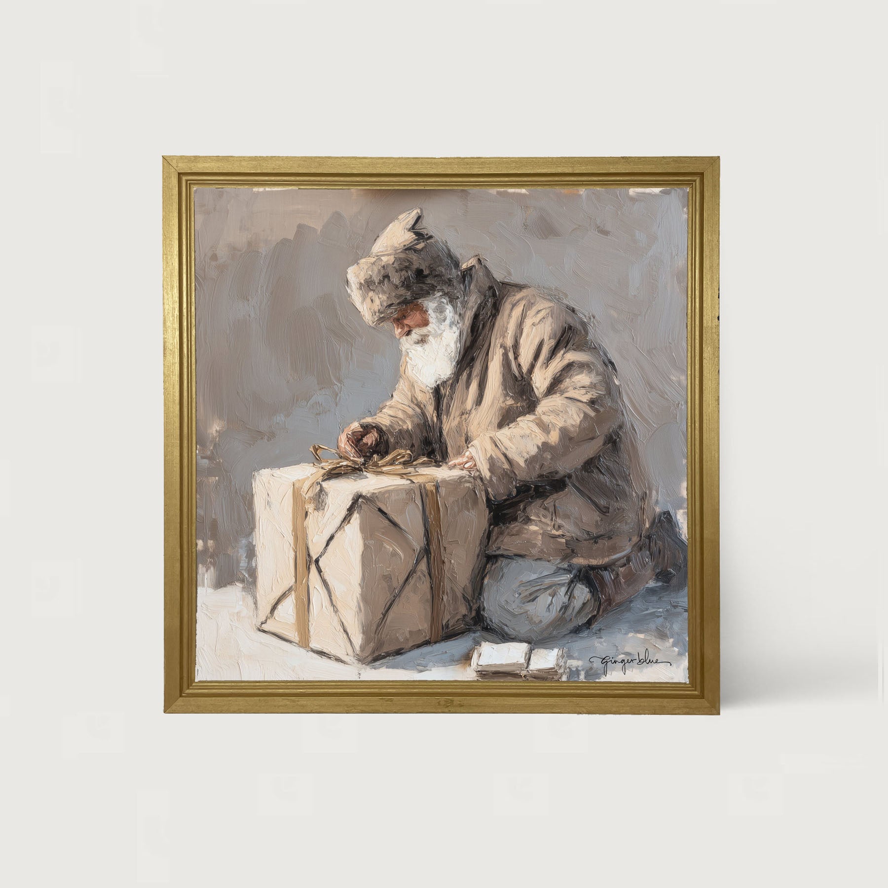 Santa Tying a Box - Framed Art