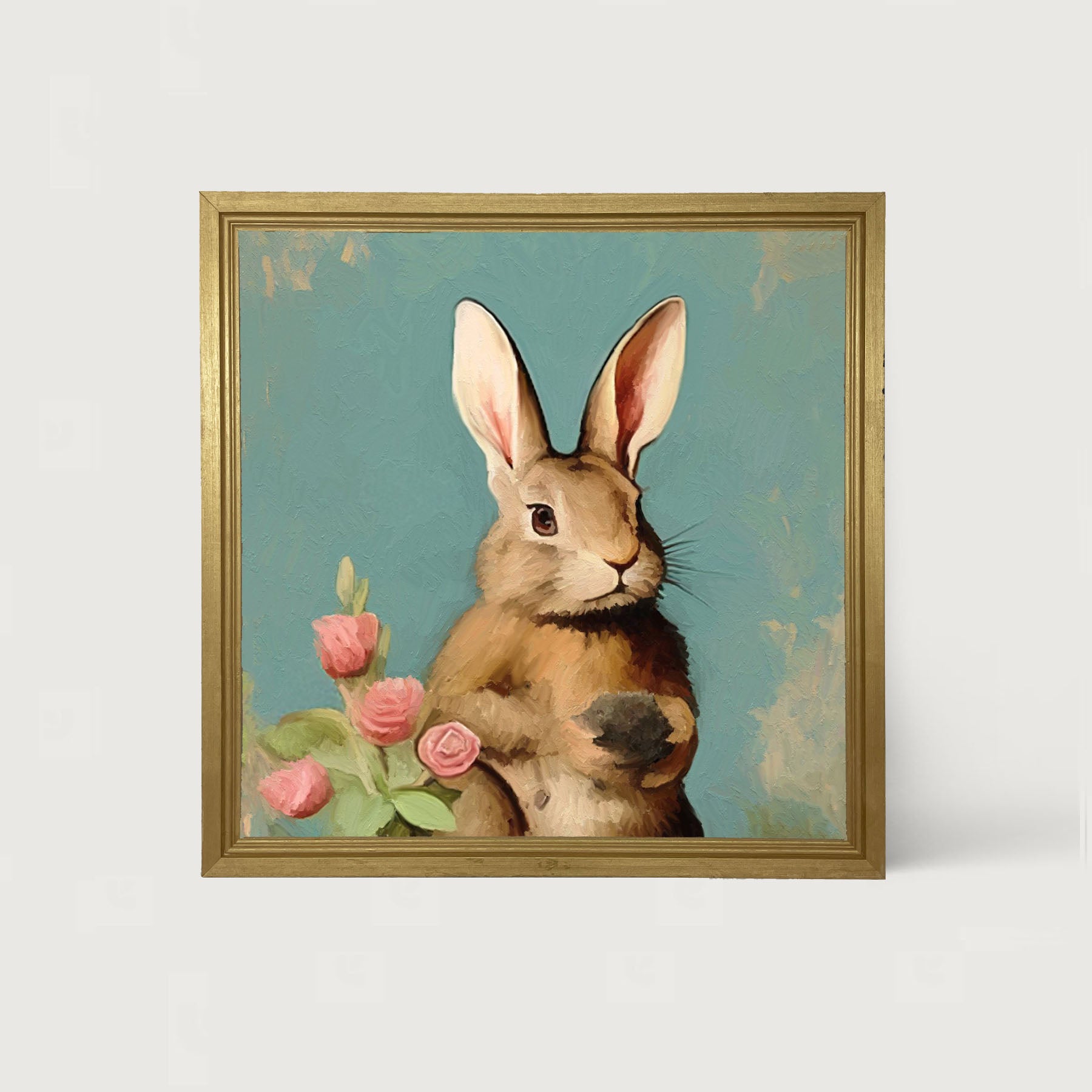 Pastel bunny with roses - Framed Art