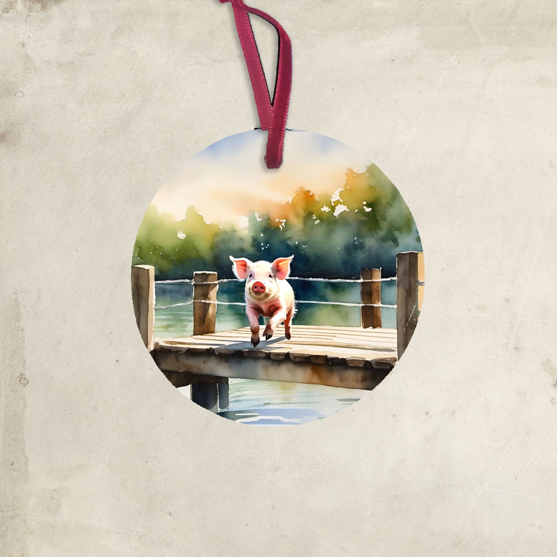 Pig jumping into lake - Ornament