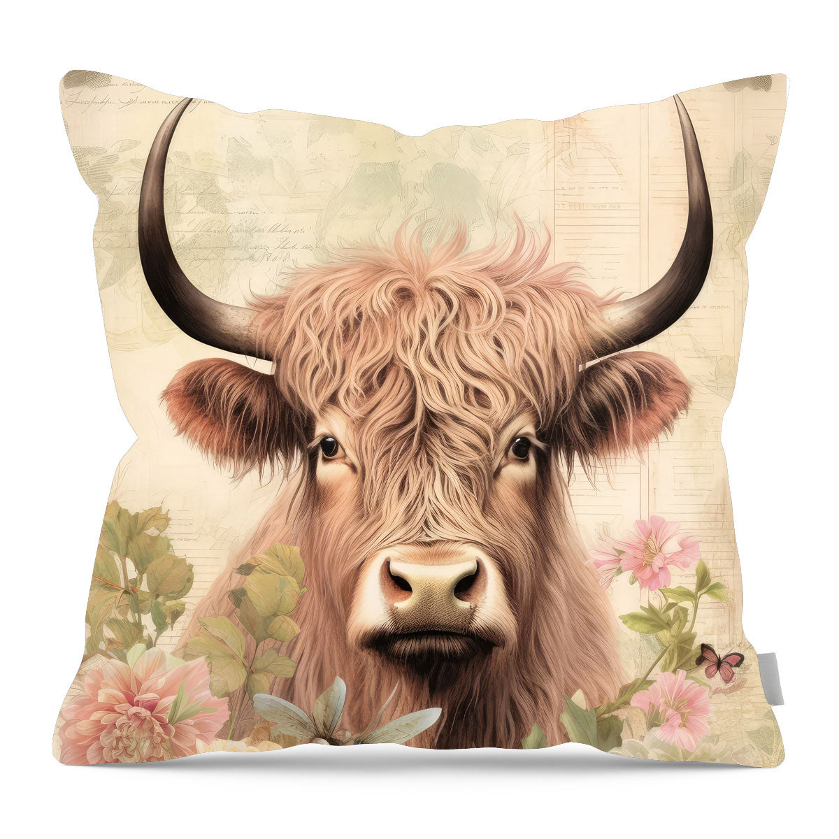 Tan Highland cow with flowers - Pillow