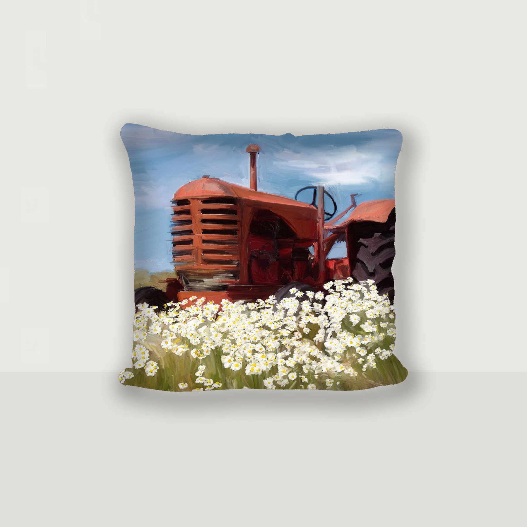Old Tractor in a Daisy Field - Pillow