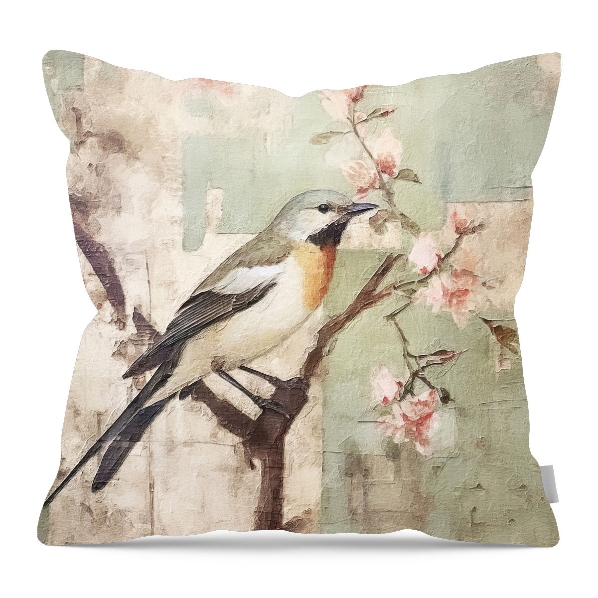 Red-breasted bird on branch - Pillow