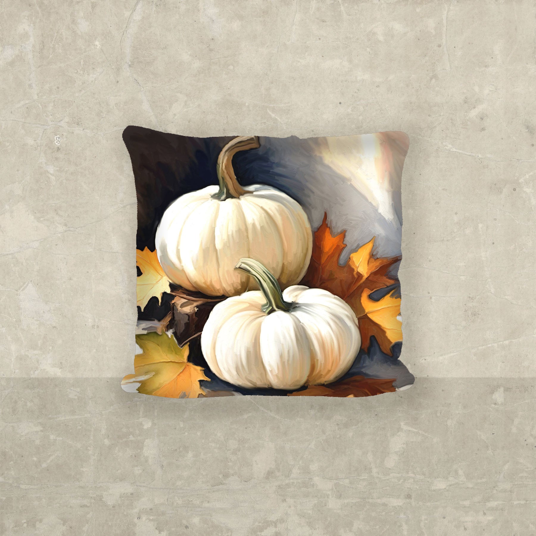White pumpkins with fall leaves - Pillow