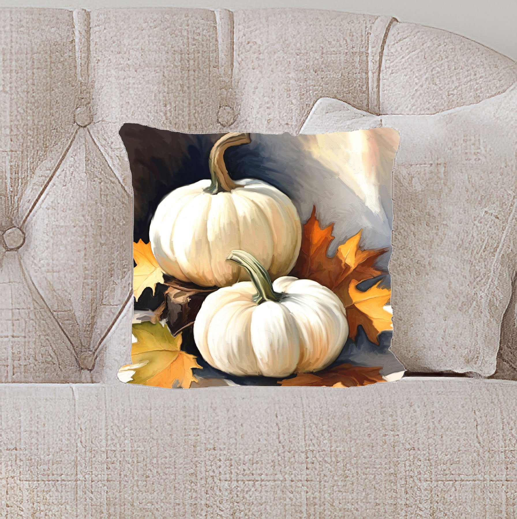 White pumpkins with fall leaves - Pillow