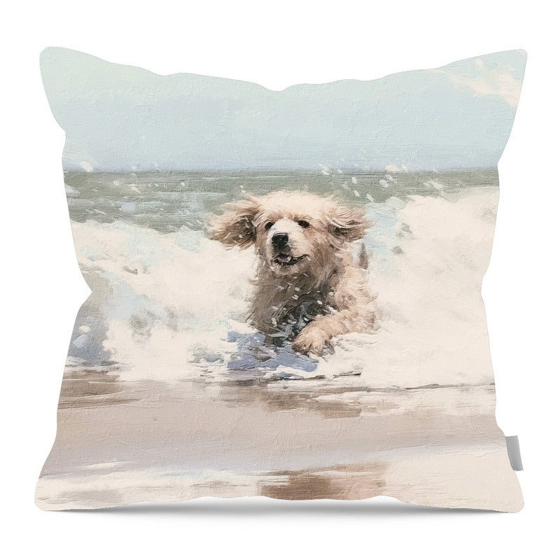Dog running in water - Pillow — 16-inch linen-look pillow