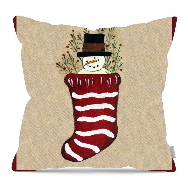 Snowman in Stocking - Pillow — 16-inch linen-look pillow