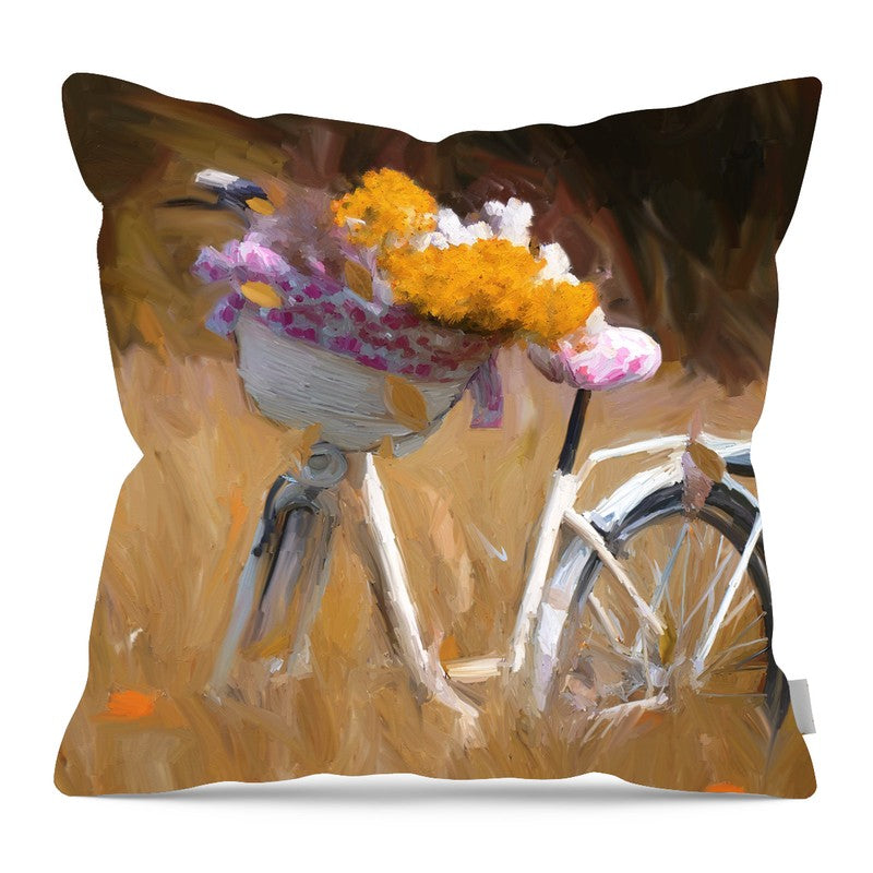Flower Bouquet on Bike - Pillow — 16-inch linen-look pillow