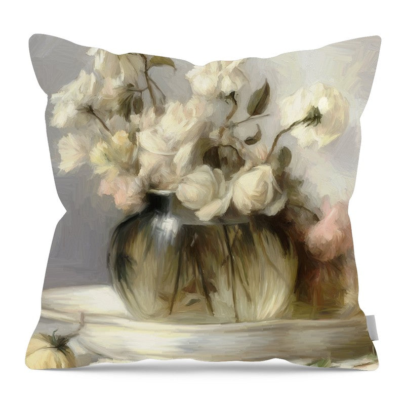 Cream Roses in Clear Vase - Pillow — 16-inch linen-look pillow