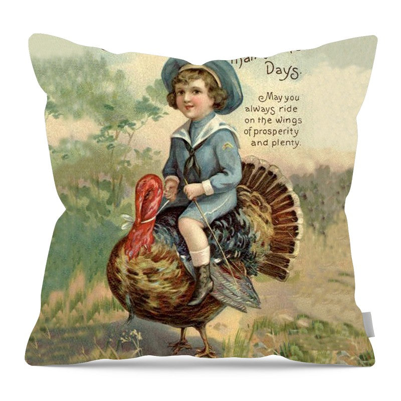 Boy Riding Turkey - Pillow — 16-inch linen-look pillow